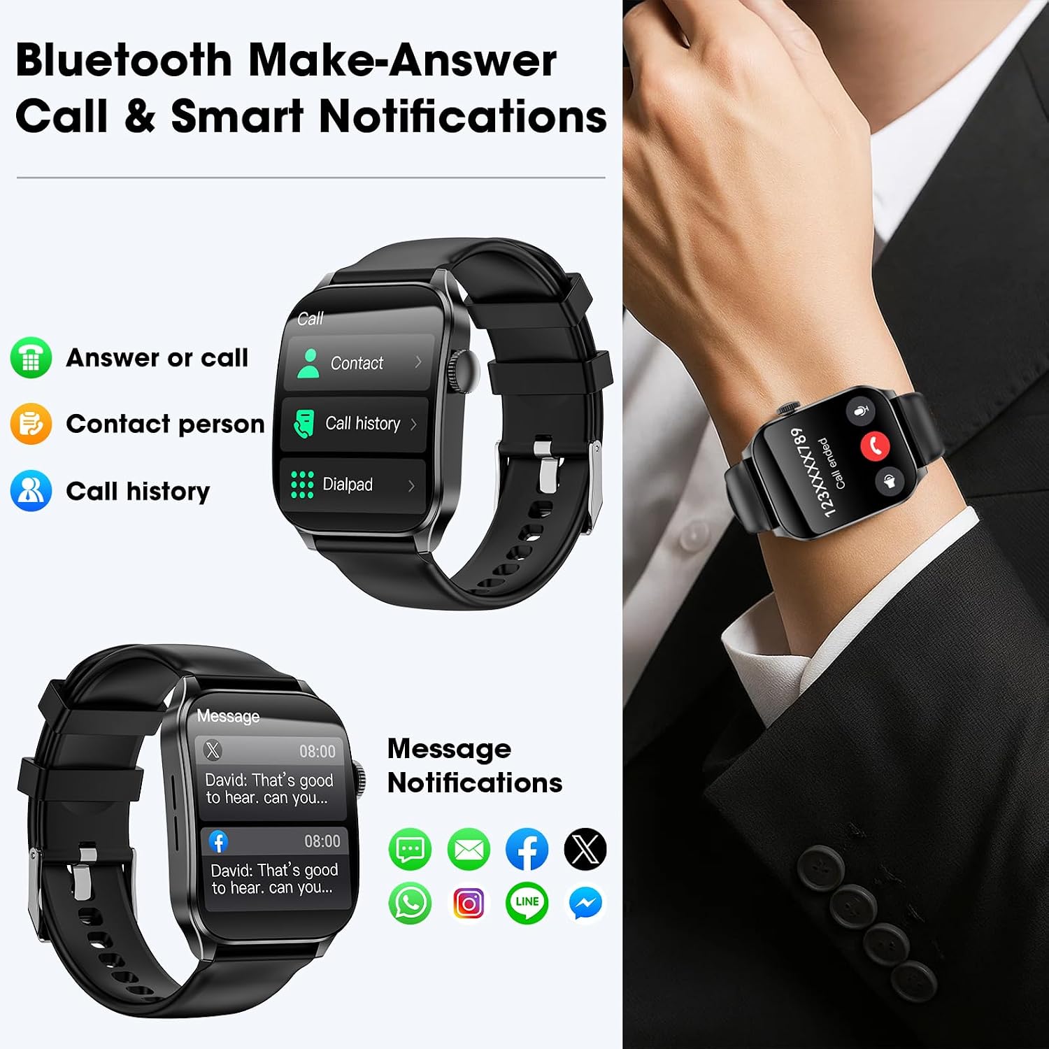 Smart Watch for Men Women Answer/Make Calls,1.91" HD Curved Screen Fitness Watch with Sleep/Heart Rate/SpO2/Stress Monitor,120+ Sport Modes,IP68 Waterproof Smartwatch for iPhone & Android(Black, 1.91) - الصورة 2