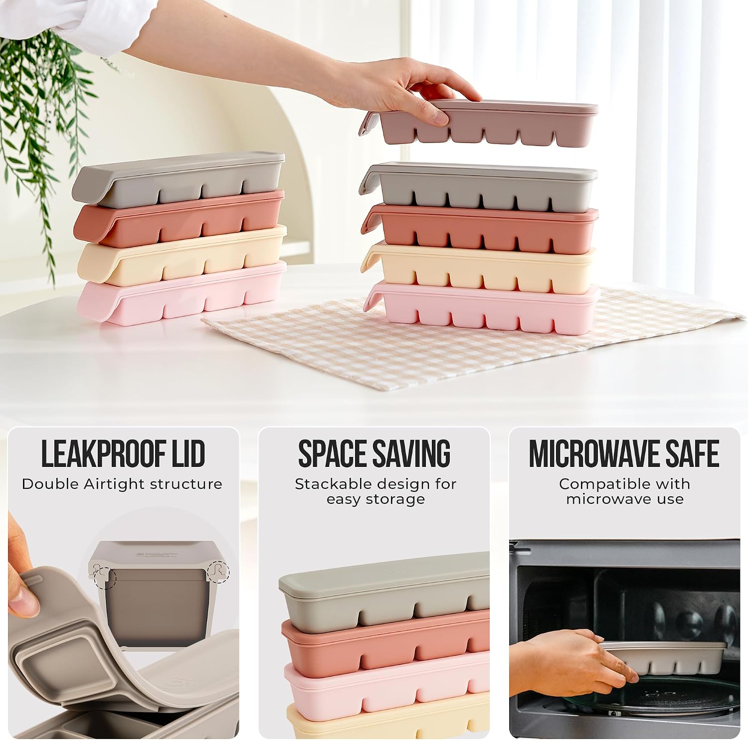 Silicone Containers with Lid for Freezer, 207 ml, 12 Sections - Leak-proof Molds, Odorless, BPA-free; for Ice, Homemade Food, Breast Milk, Purees, Vegetables; Indie Rose - الصورة 5