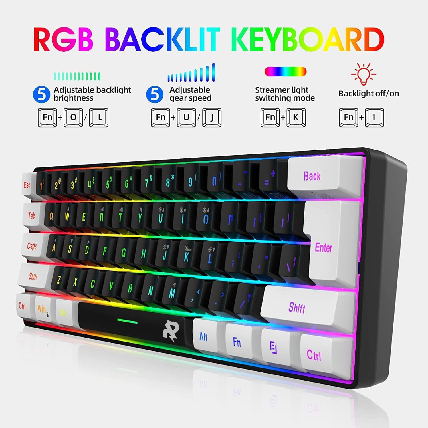 ROCK POW 60% Wired Gaming Keyboard, Small RGB Backlit Membrane Gaming Keyboard, Ultra-Compact Mini Waterproof for PC Computer Gamer White and Black - الصورة 3