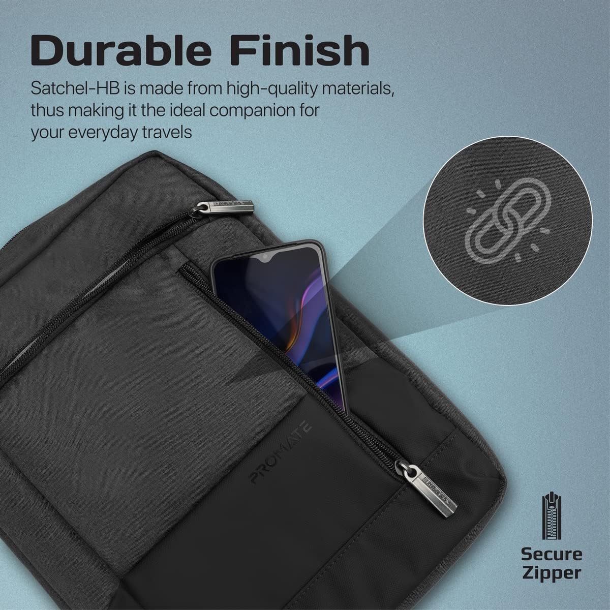 Promate Hand Bag, Premium Lightweight Laptop/Tablet Shoulder Bag with Accessible Front Pocket, Water-Resistance, Sleek Design and Secure Zippers Compatible with 13-inch Tablets, Laptops - الصورة 7