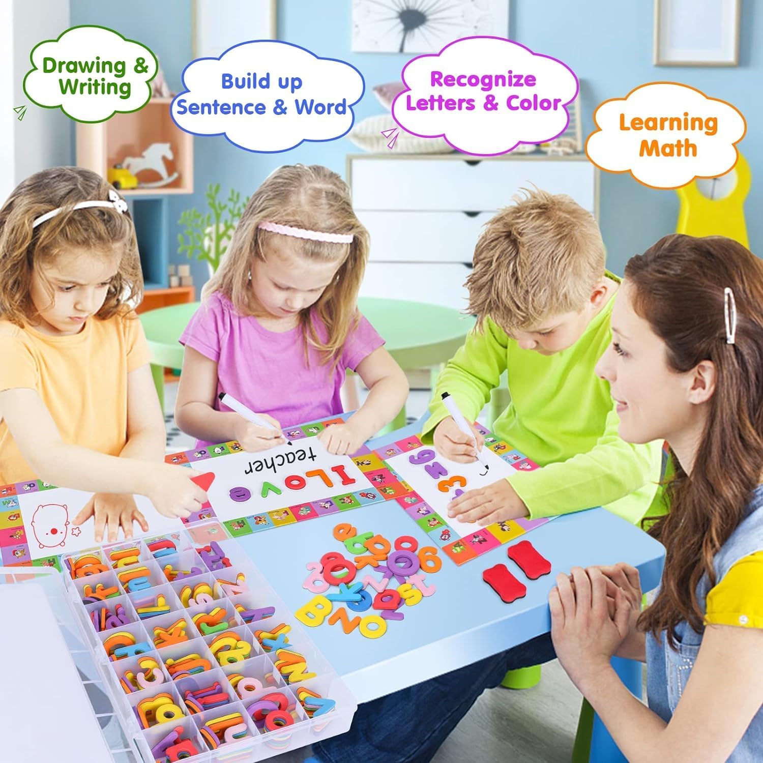 Magnetic Letters 234 Pcs, Kids Preschool Eductional Foam Alphabet, Colorful Letters Kit with Magnetic Board, 40 Pcs Word Cards, pen and Eraser, Educational Toys & Learning Games for Boy Girl - الصورة 6