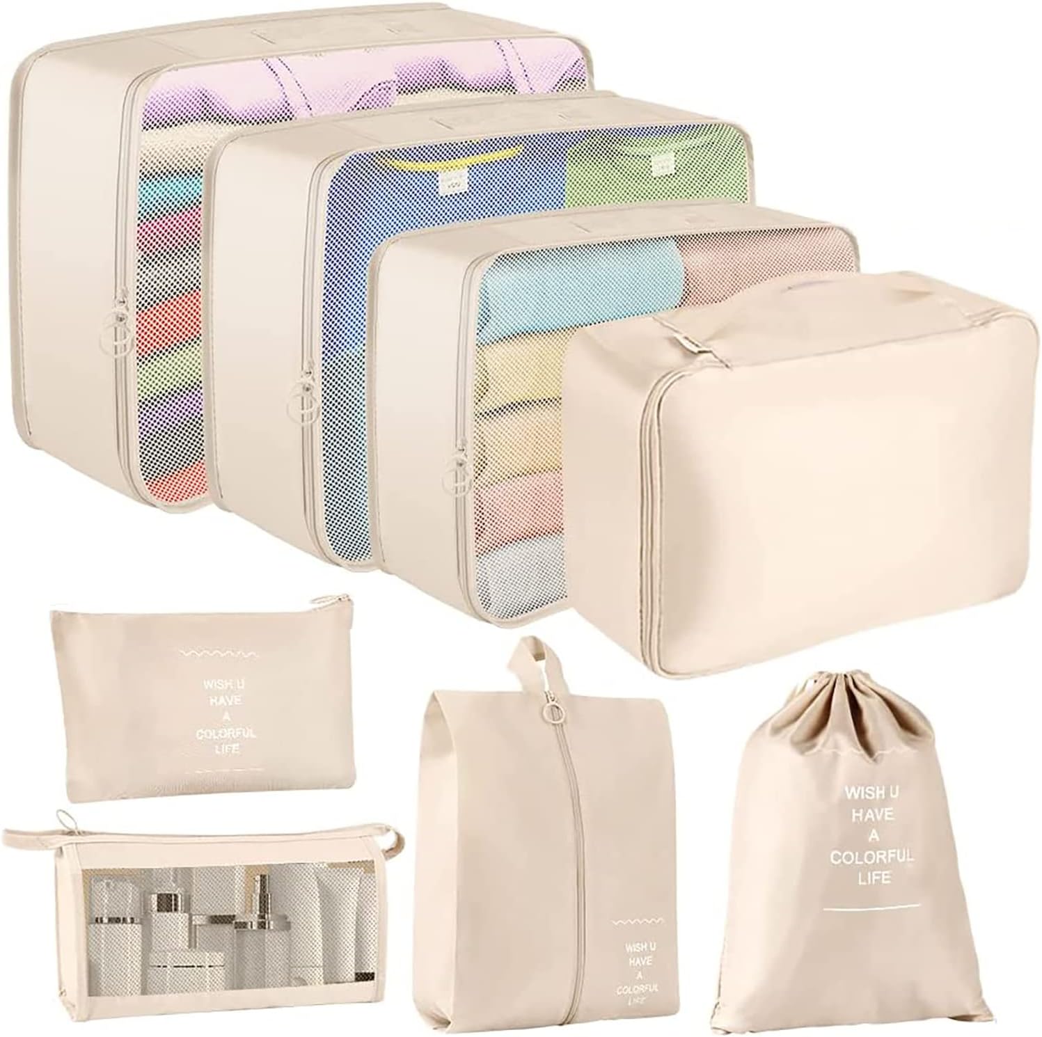 Arabest Packing Cubes for Suitcase, 8 PCS Lightweight Travel Luggage Organizers Set, Waterproof Luggage Packing Cubes for Travel Accessories (Beige)