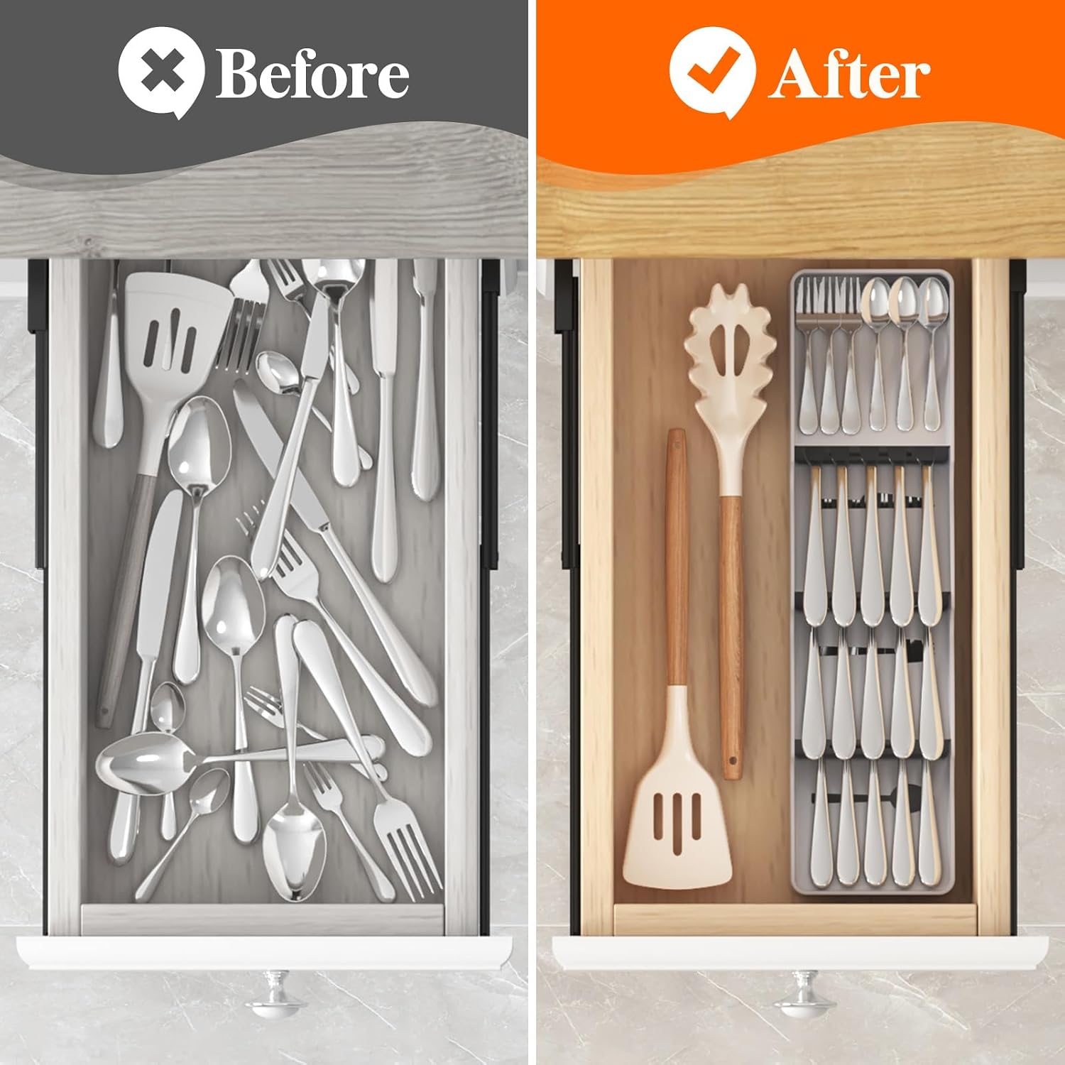 Lifewit Small Flatware Drawer Organizer, Compact Narrow Silverware Tray for Kitchen Drawers, Plastic Cutlery Holder for Spoons, Forks, Knives – Fits Small & Slim Kitchen Drawers, Gray - الصورة 7