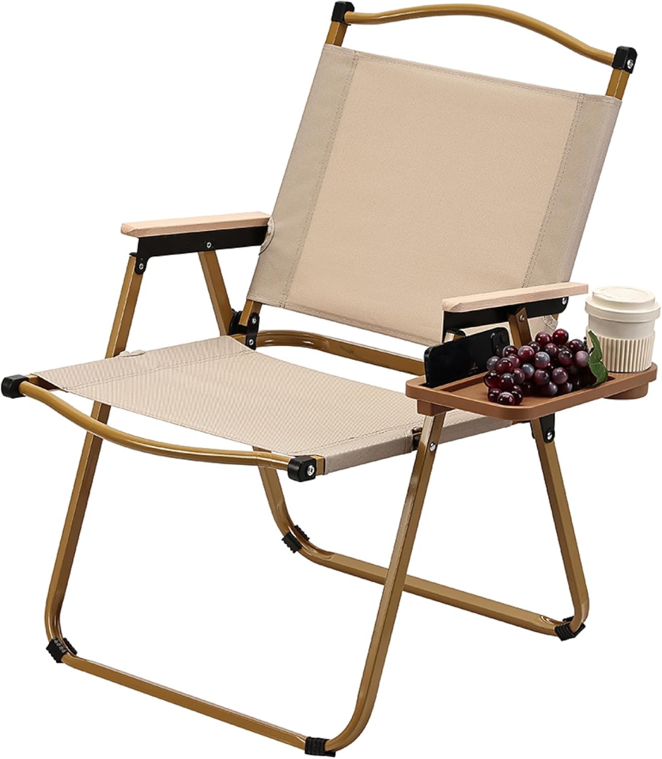 Lawazim Folding Aluminum Picnic Chair with Cup Holder - Portable Collapsible Camping Chair, Foldable Beach and Lawn Seat with Arm Bracket, Lightweight Outdoor Chair for Hiking, Travel, Patio - Khaki