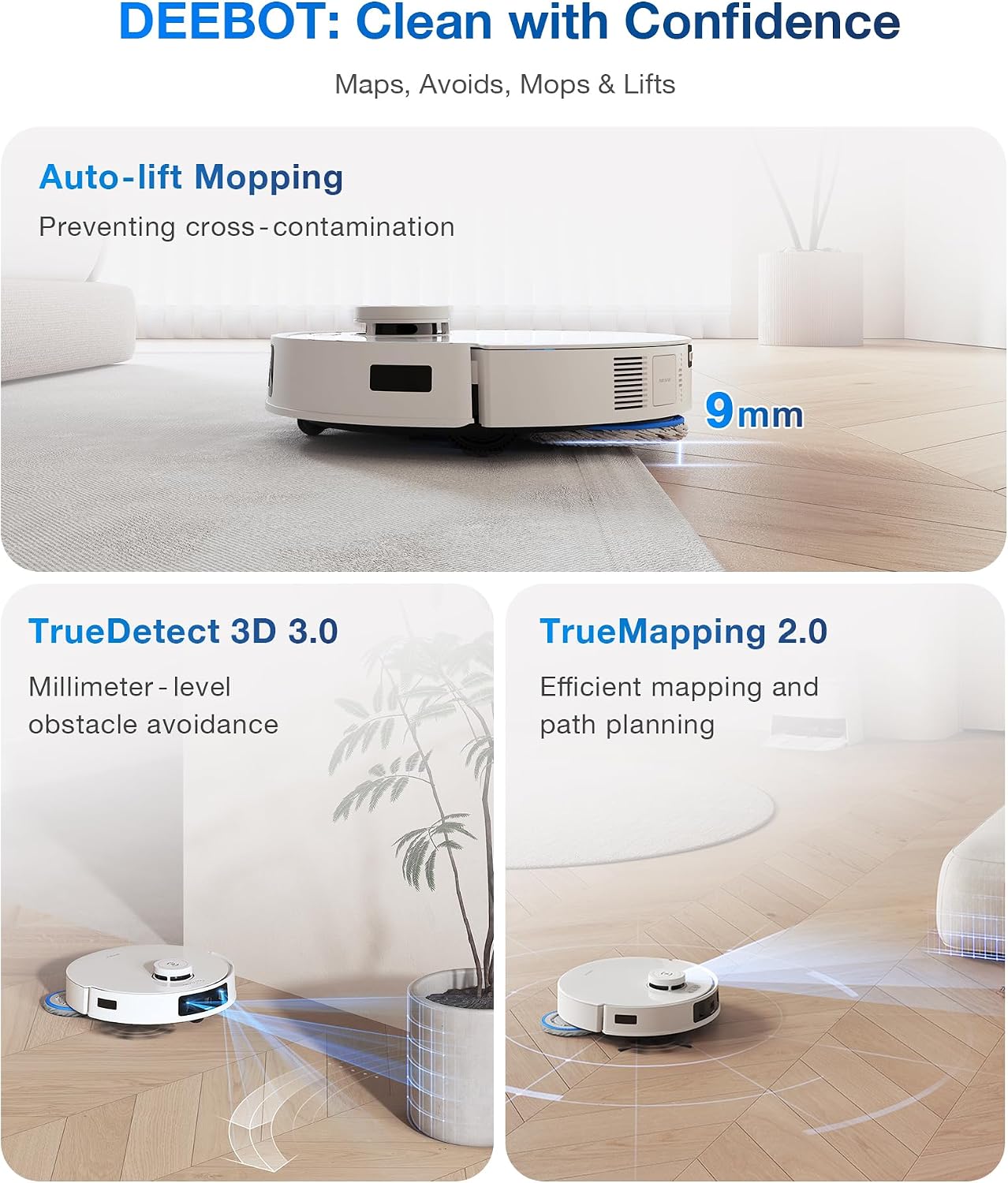 ECOVACS DEEBOT T30 PRO OMNI Robot Vacuum Cleaner with Mop Function, TrueEdge Mopping, Zero Tangle Brush, 11,000 PA Suction Power with Hot Water and Smart Rewash,white - الصورة 7