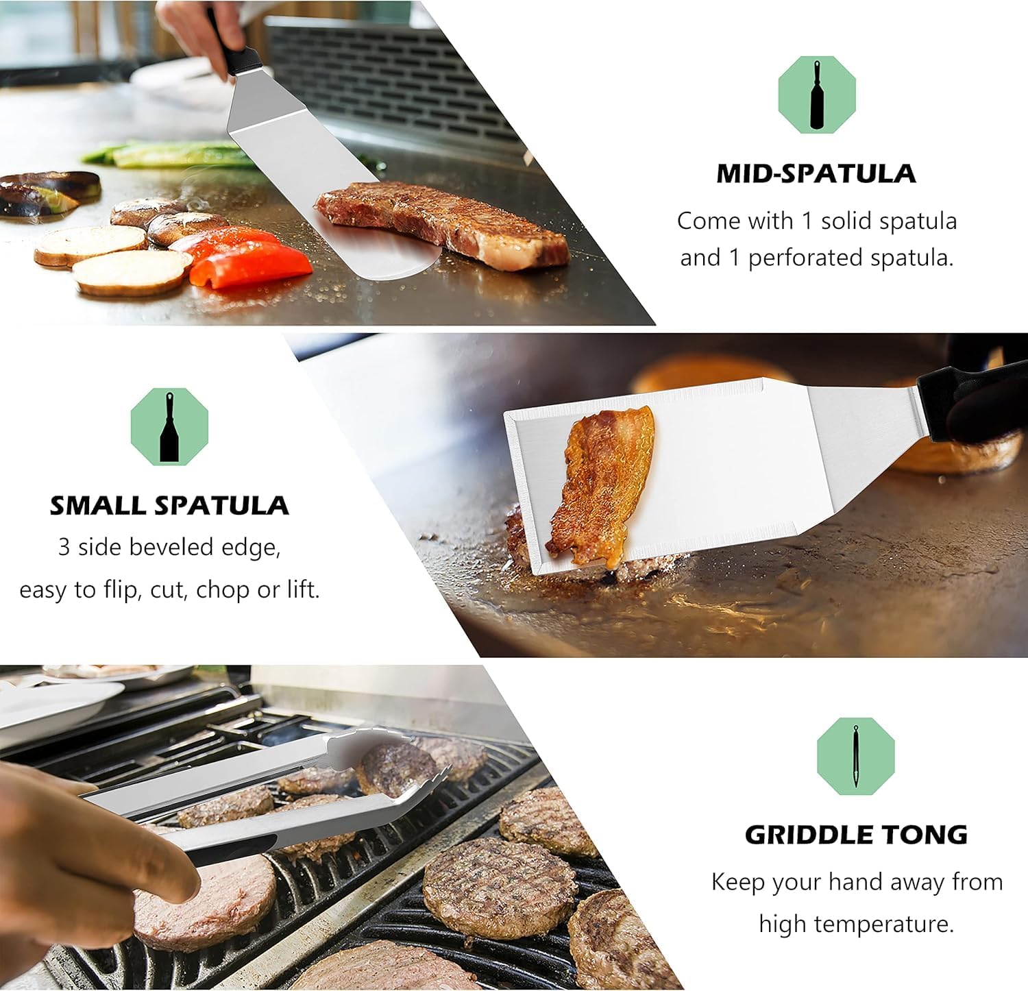 E-far Griddle Accessories Kit of 27, Teppanyaki Tools for Flat Top Cooking Grilling Camping, Stainless Steel Melting Dome, Metal spatulas, Bacon Press for Outdoor BBQ, Heavy Duty & Dishwasher Safe - الصورة 5