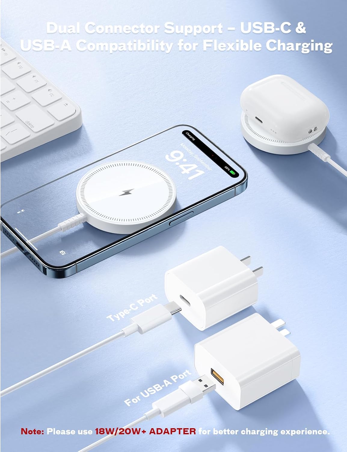 Magnetic Fast Wireless Charger, for Phones & Earbuds, Strong Magnet, Dual Ports, Case-Friendly, Lightweight, Portable, for Travel, Home, Office, Desk - الصورة 5