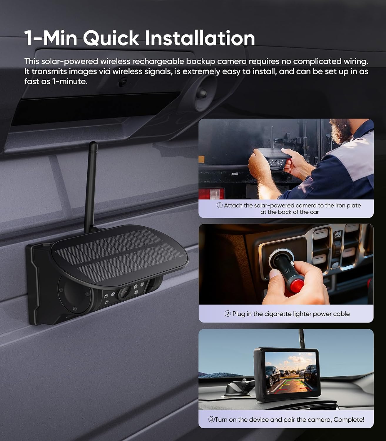 7" Portable 1080P Solar Wireless Car Backup Camera Dash Cam with Monitor - الصورة 5