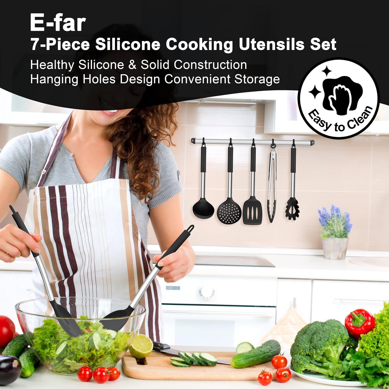E-far Silicone Kitchen Utensil Set, 7 Piece Heat-Resistant Kitchen Utensil Set with Stainless Steel Handle, Slotted Spatula, Spoon, Soup Ladle, Pasta Server, - الصورة 7