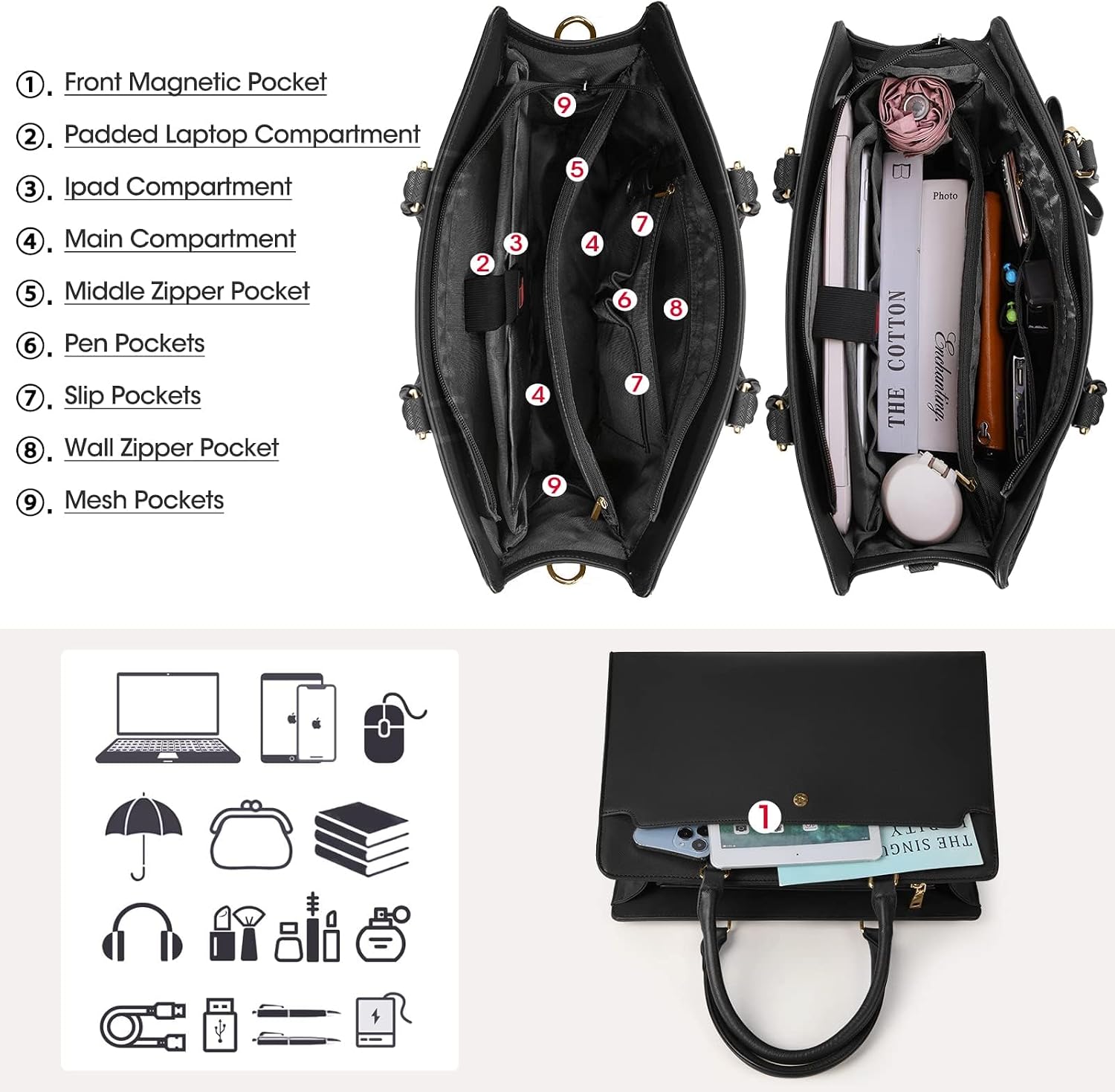 Laptop Bag for Women, 15.6 Inch Leather Office Work Bag with Mezzanine, Waterproof Large Capacity Briefcase, Dual Purpose Handbag Shoulder Bag for Business, Travel, Casual, Black - الصورة 4