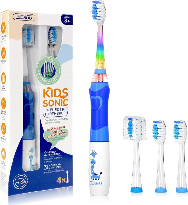SEAGO Kids Electric Toothbrush with 2 Mins Brushing Timer and 4 Replacement Bursh Heads, Rainbow LED Light Make Brushing Fun, Green Color Boys Battery Powerd Toothbrush for 4-12 Years Old，SG-977