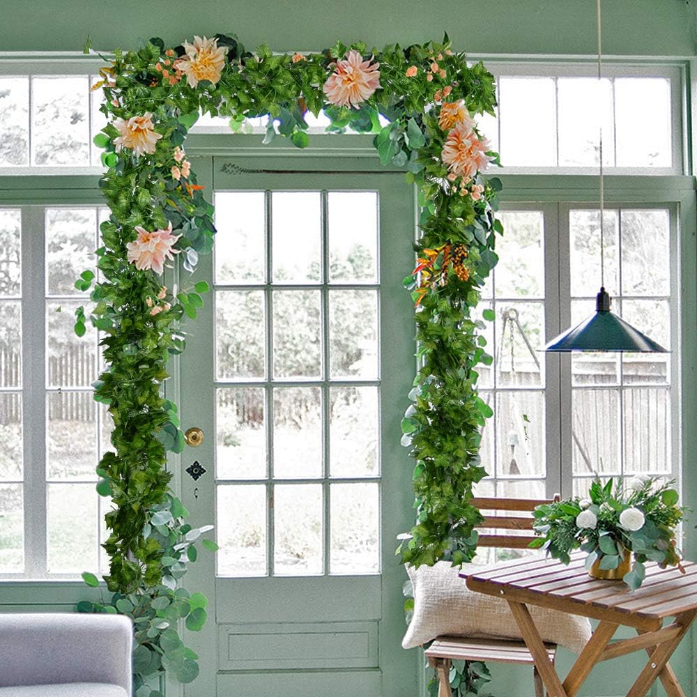 DearHouse 12 Strands Artificial Ivy Leaf Plants Vine Hanging Garland Fake Foliage Flowers Home Kitchen Garden Office Wedding Wall Decor, 84 Feet, Green - الصورة 8