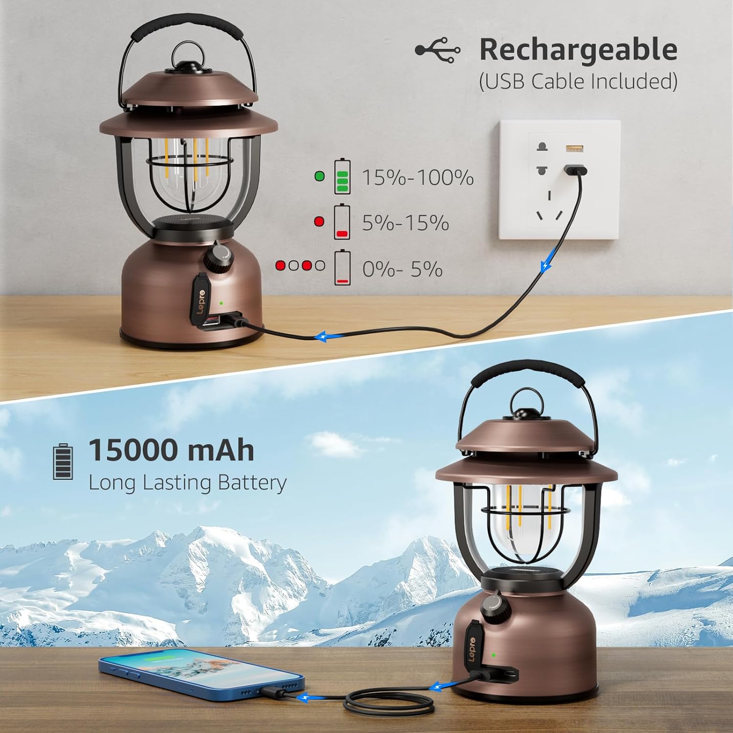 Lepro Retro Classic LED Camping Lantern, High Lumens, Daylight White 2500K and 5000K, Dimmable, USB Rechargeable, Waterproof for Camping, Vintage Decoration and Emergency (USB Charging Cable Included) - الصورة 5
