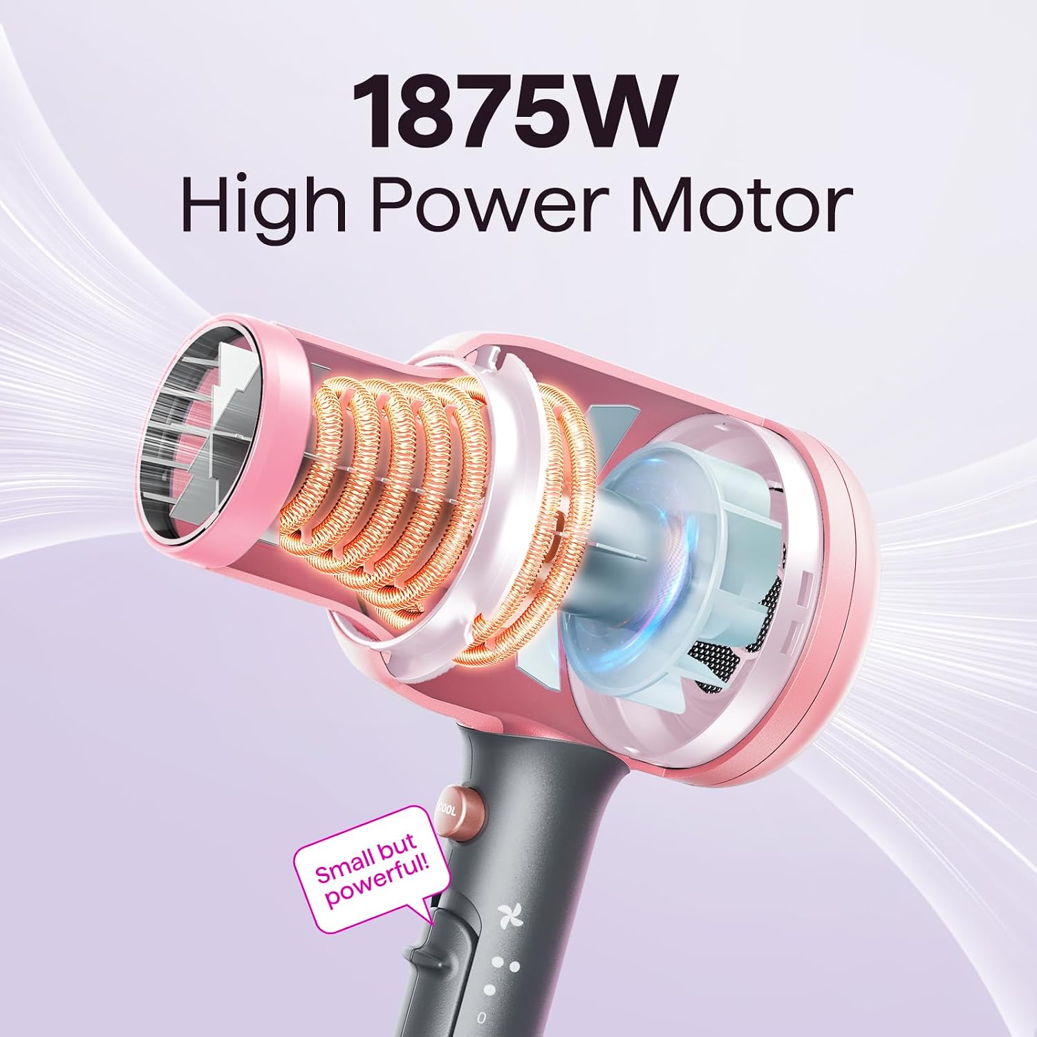 Wavytalk Hair Dryer, Blown Away Ionic Hair Dryer for Curly Hair with Diffuser, 1875W Fast Drying Blow Dryer with Ceramic Technology, 3 Attachments for All Hair Types, Light and Quiet, Rose Gold - الصورة 3