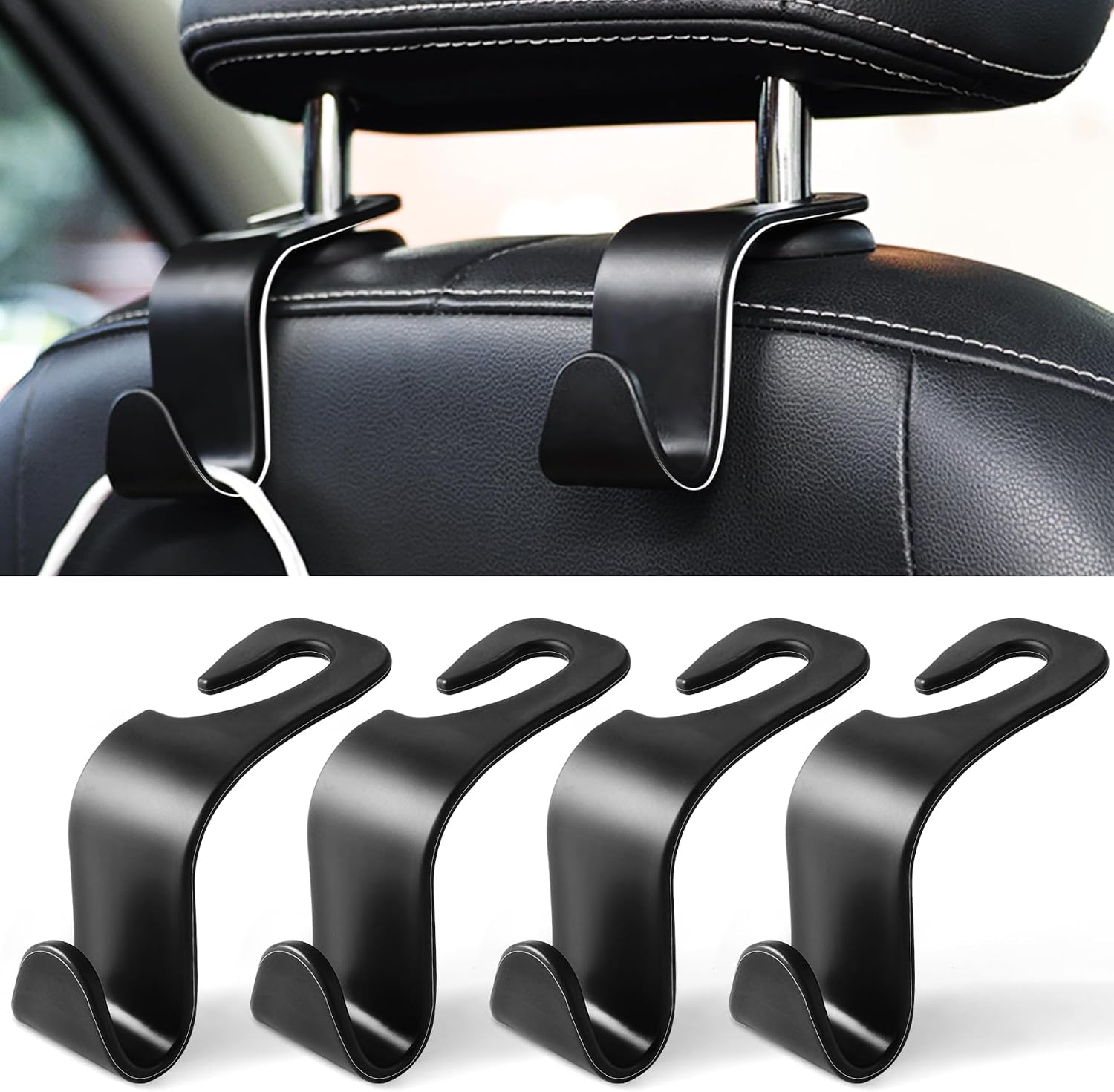 Car Seat Headrest Hooks, Car Hook Hangers Storage Organizer Interior Accessories for Purse Coats Umbrellas Grocery Bags Handbag, 4-Pack