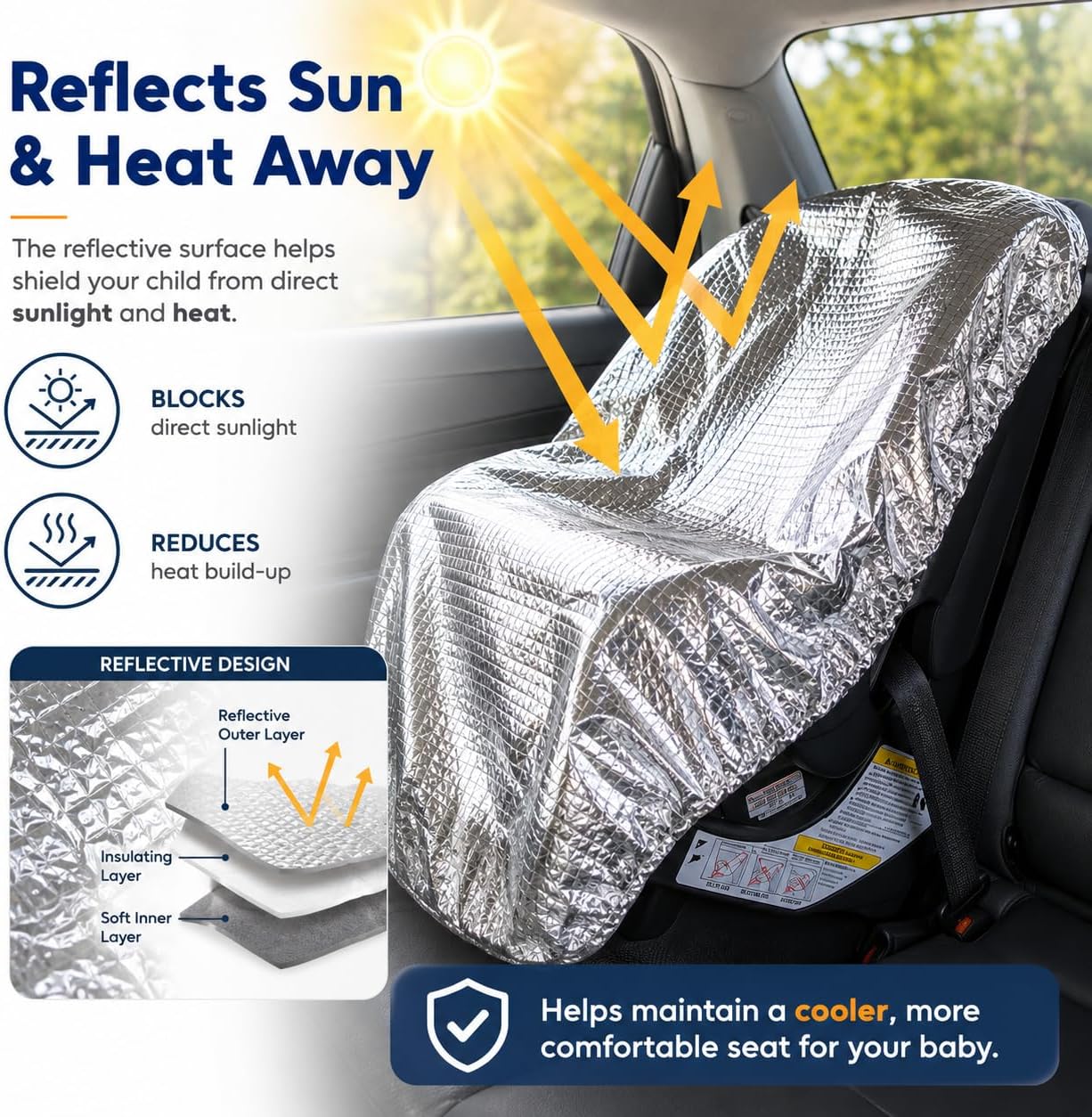 Car Seat Sun Shade Cover - Keep Your Baby's Carseat at a Cooler Temperature - Covers and Blocks Out Heat & Sun - More Comfortable for Baby or Child - Protection from UV Sunlight - Mommy's Helper - الصورة 3