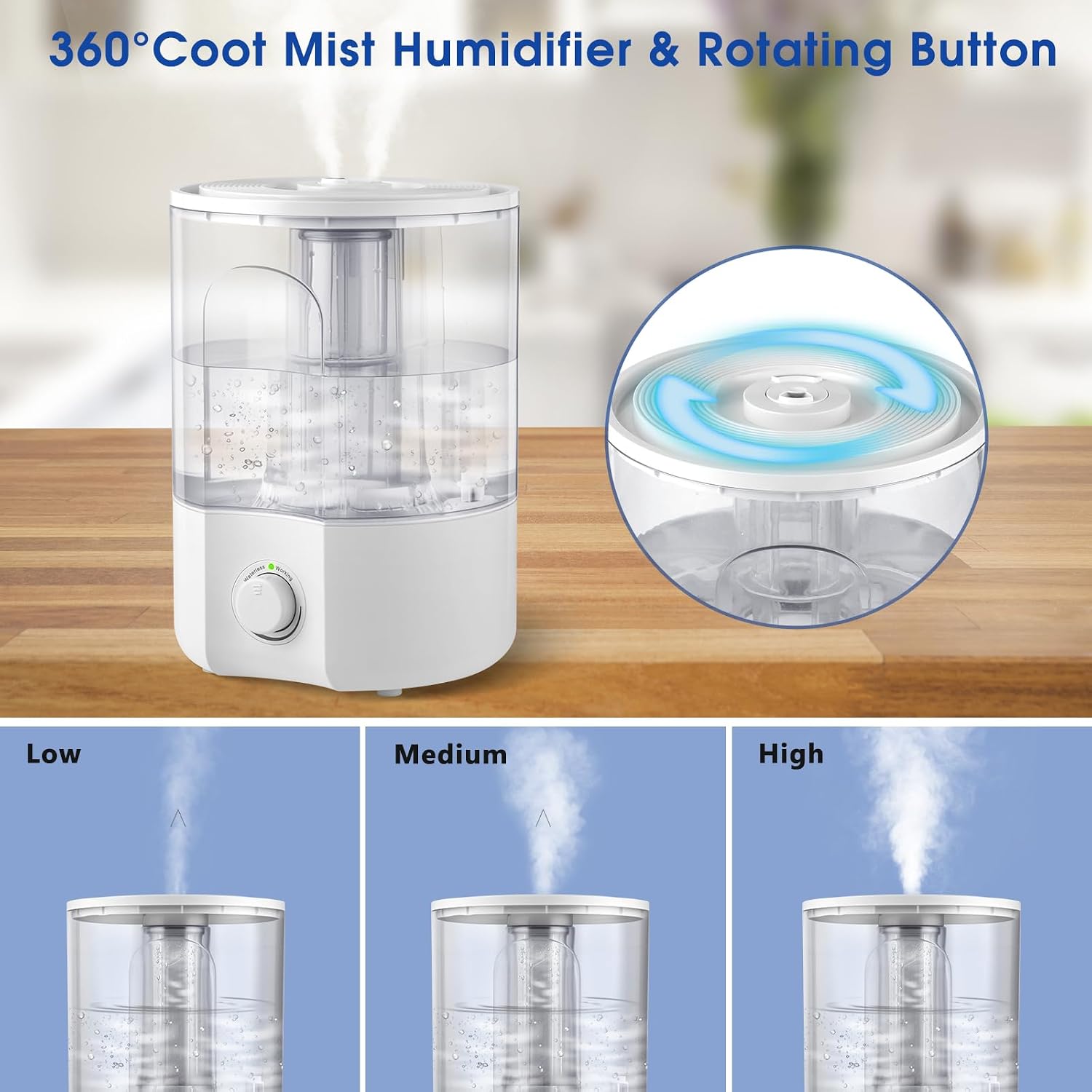 Air Humidifier for Whole House Room, 4L Ultrasonic Cool Mist Humidifier for Large Room, Adjustable 360° Knob, Auto Shut-Off, Aroma Diffuser, Essential Oil Function, Lower Noise, Humidify for Any Room. - الصورة 5