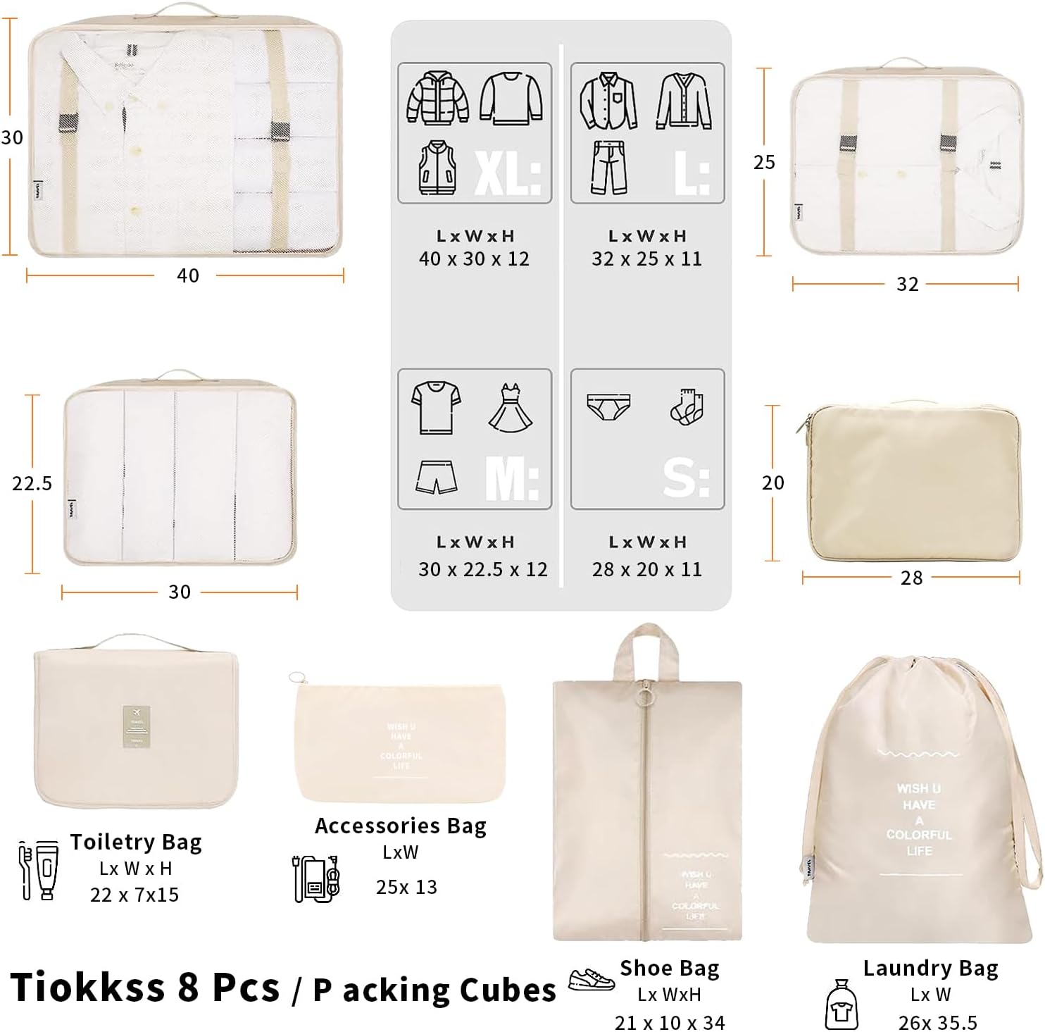 Yoawllty 8pcs Packing Cubes,Travel Organizer for Suitcases,Travel Essentials Bag Organizers for Carry on,Luggage Organizer Bags Set for Travel Accessories(Beige) - الصورة 2