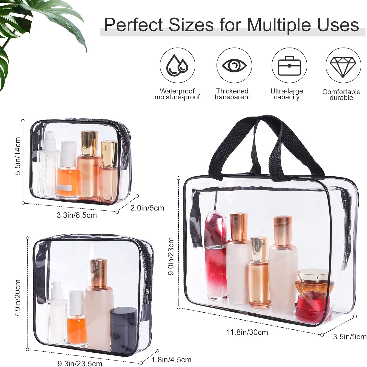 SKY-TOUCH 3-Piece Clear Cosmetic Bag Set, Portable Zippered Toiletry Bags with Carry Handle, Waterproof Travel and Bathroom Storage Pouches, Black - الصورة 2