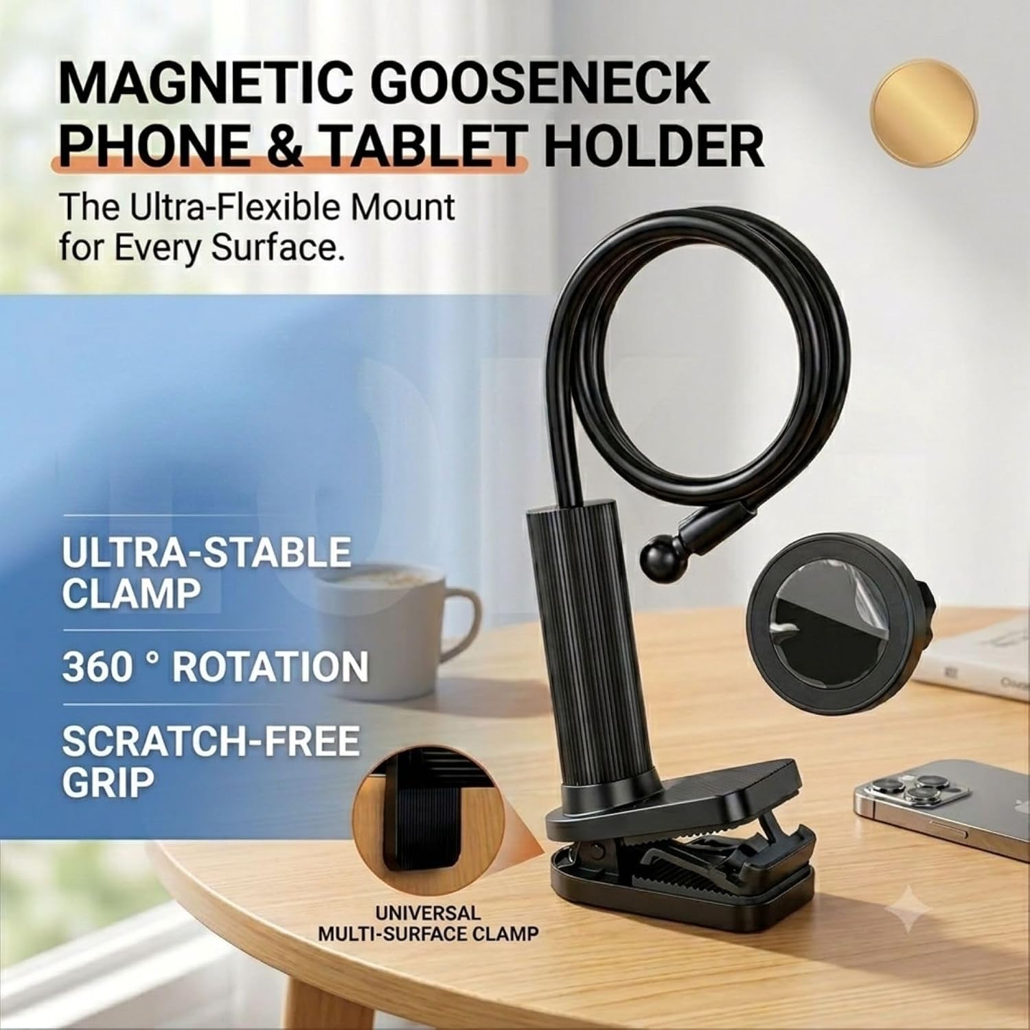 Magnetic Gooseneck Phone Holder, Flexible Long Arm Desktop Bed Mount with Ultra-Stable Clamp, 360° Rotation Heavy-Duty Phone Stand for Bed, Desk, Live Streaming (100cm) - الصورة 4