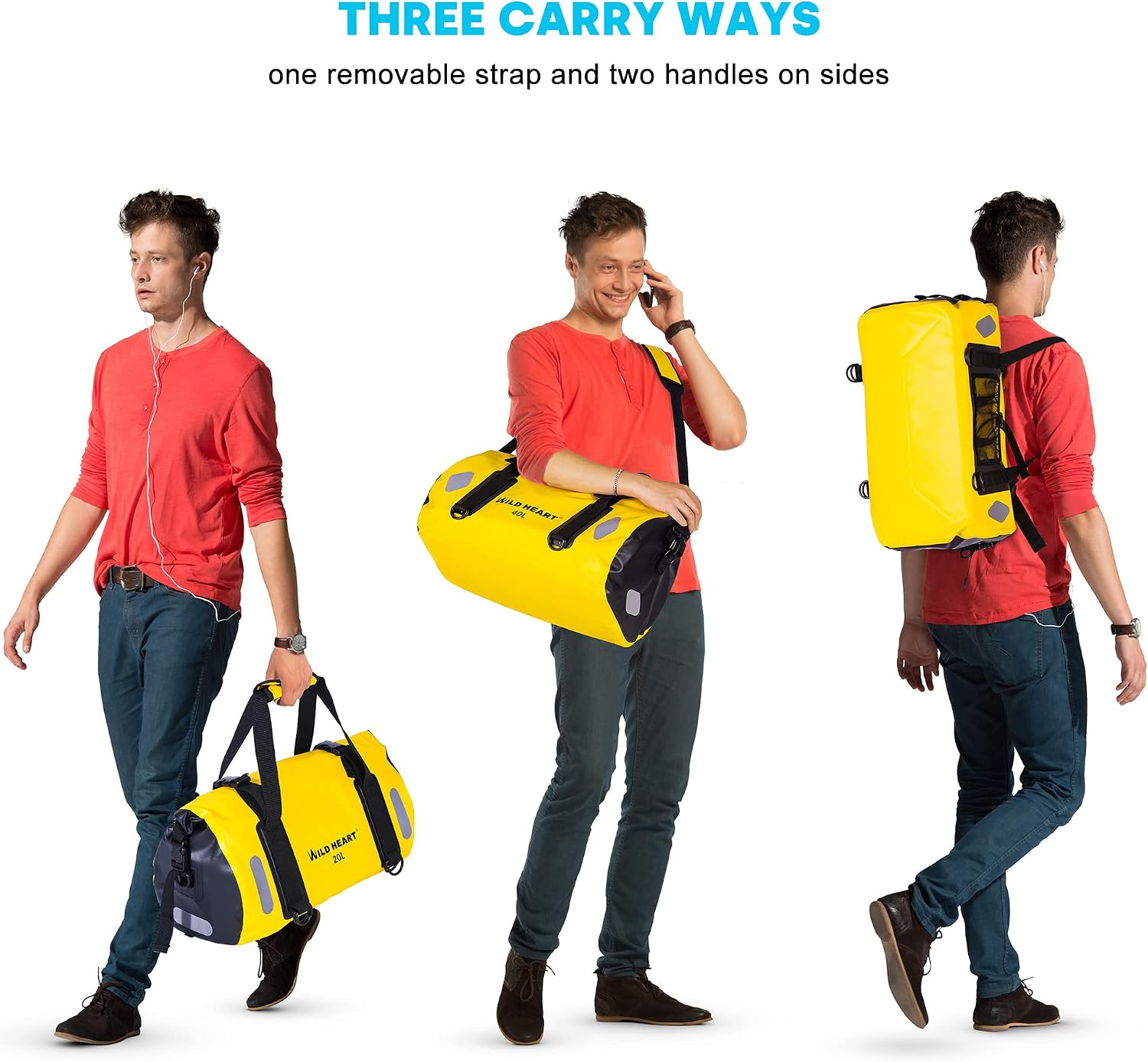 WILD HEART Waterproof Bag Duffel Bag 20L 30L 40L with Welded Seams Shoulder Straps, Mesh Pocket for Kayaking, Camping, Boating,Bicycle,Motorcycle - الصورة 4