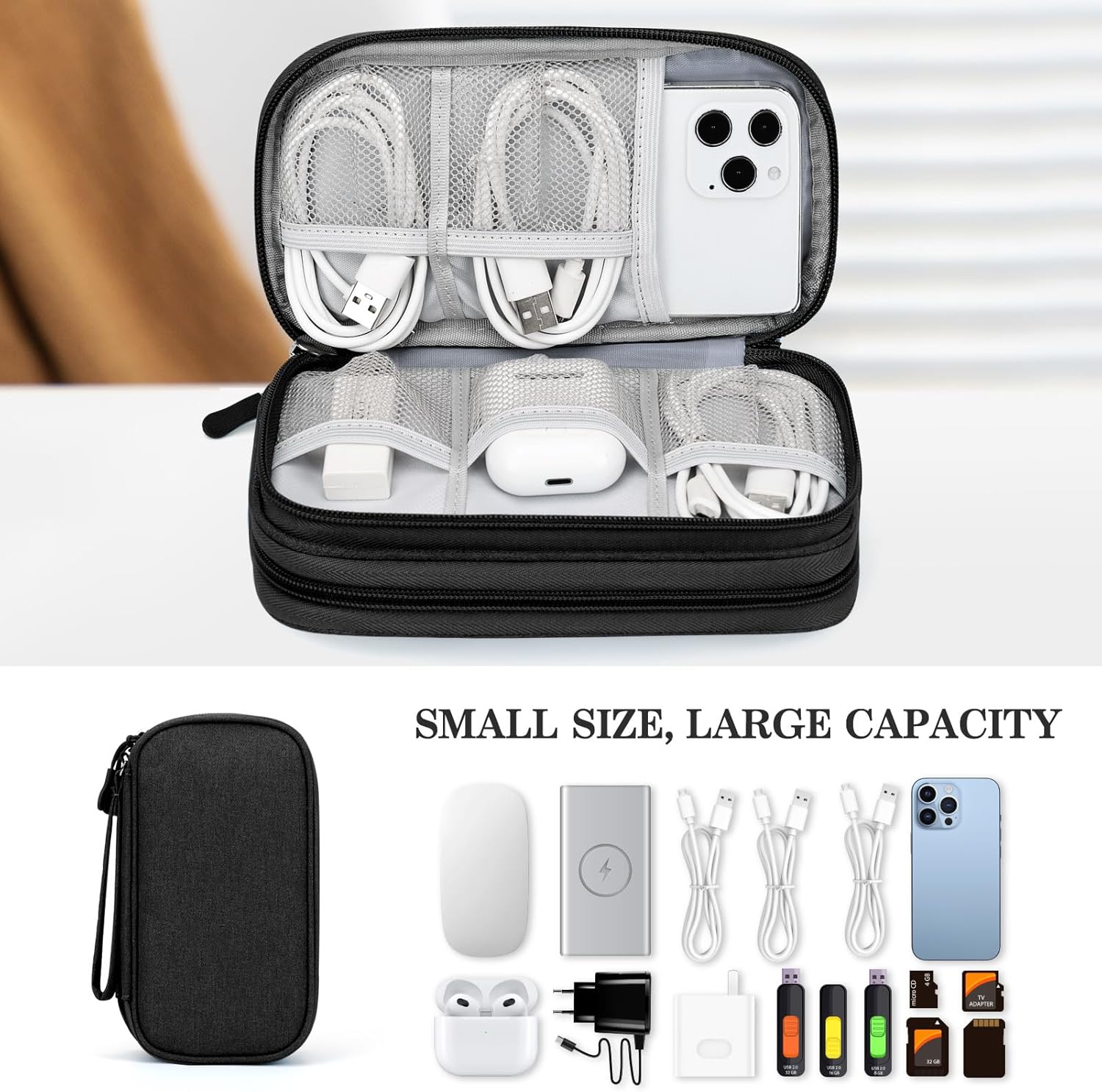 FYY Electronic Organizer, Travel Cable Organizer Bag Pouch Electronic Accessories Carry Case Portable Waterproof Double Layers All-in-One Storage Bag for Cable, Cord, Charger, Phone, Earphone Black - الصورة 6