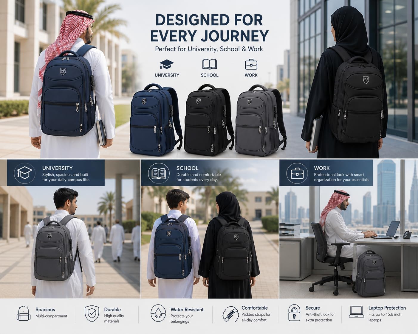 Anti-Theft School Backpack (2311) Laptop Backpack 15.6 Inch - Waterproof with TSA Lock and Multiple Pockets - Lightweight Travel Backpack for Men and Women - Back to School - الصورة 7