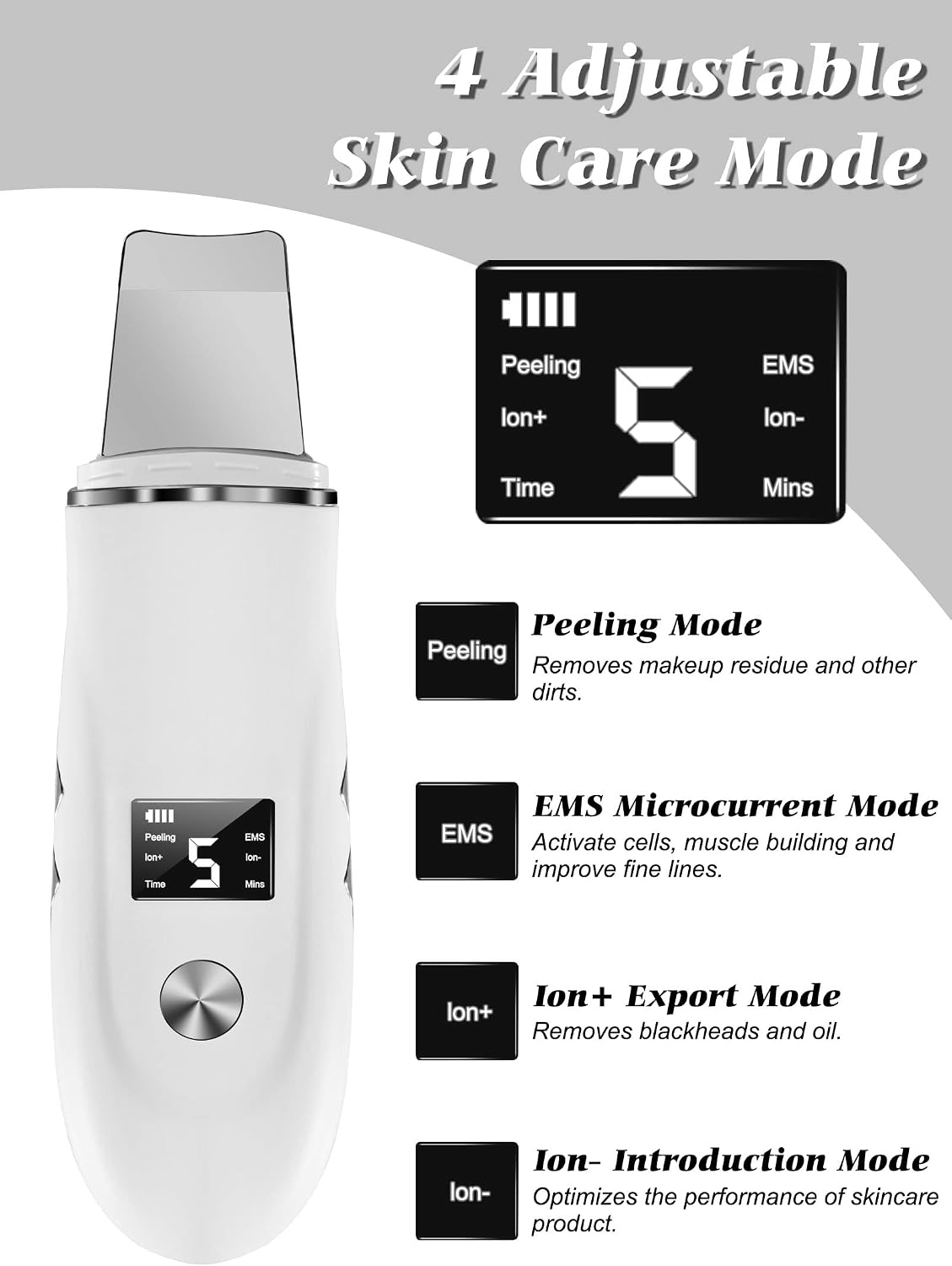 Skin Scrubber, Blackhead Remover Tool with Rechargeable Base, LCD Display, Ultrasonic Skin Scraper Pore Cleanser Skin Care Tools for Facial Deep Cleansing - 4 Modes - الصورة 2