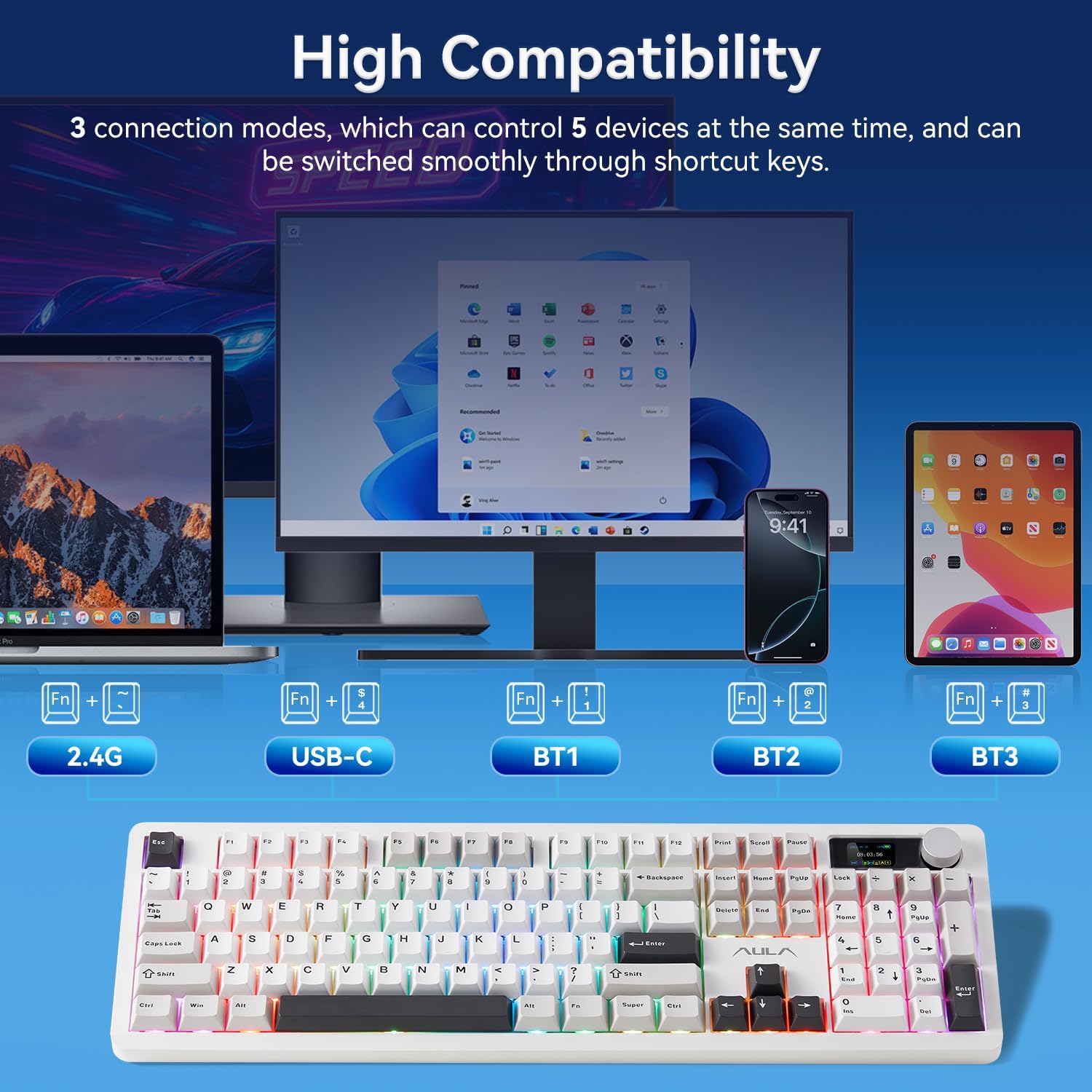AULA F106PRO Wireless Keyboard, Full Size Mechanical Keyboard with Media Knob & Screen, 8000mAh Battery Hot Swappable Custom PBT keycaps Gaming Keyboard - Blaze Switch,Black White Grey - الصورة 3