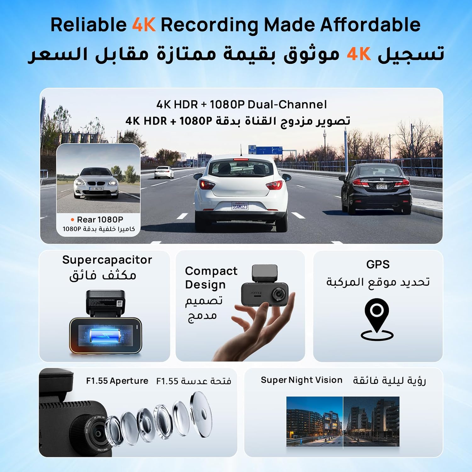 70mai A810 Lite 4K Dash Cam, 4K Front + 1080P Rear Car Camera - الصورة 2