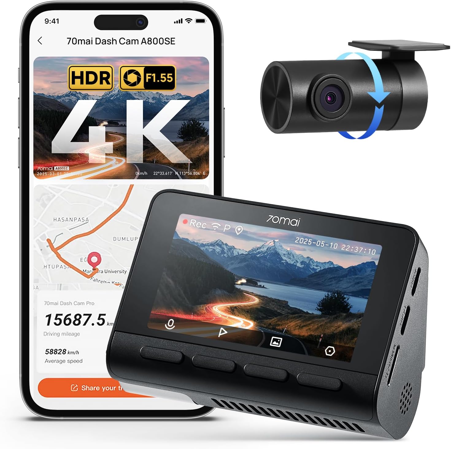 70mai A800SE Dash Cam Car Front Rear 4K HDR 2160P + 1080P, Dual Car Camera 3 Inch IPS, F1.55 Aperture Night Vision, 210 Seconds Buffer Emergency Pre-Record, Parking Monitoring (Does Not Include Micro