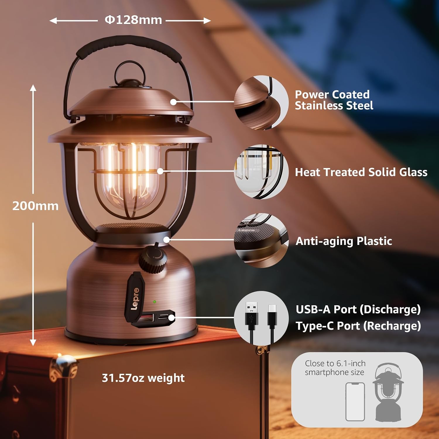 Lepro Retro Classic LED Camping Lantern, High Lumens, Daylight White 2500K and 5000K, Dimmable, USB Rechargeable, Waterproof for Camping, Vintage Decoration and Emergency (USB Charging Cable Included) - الصورة 4