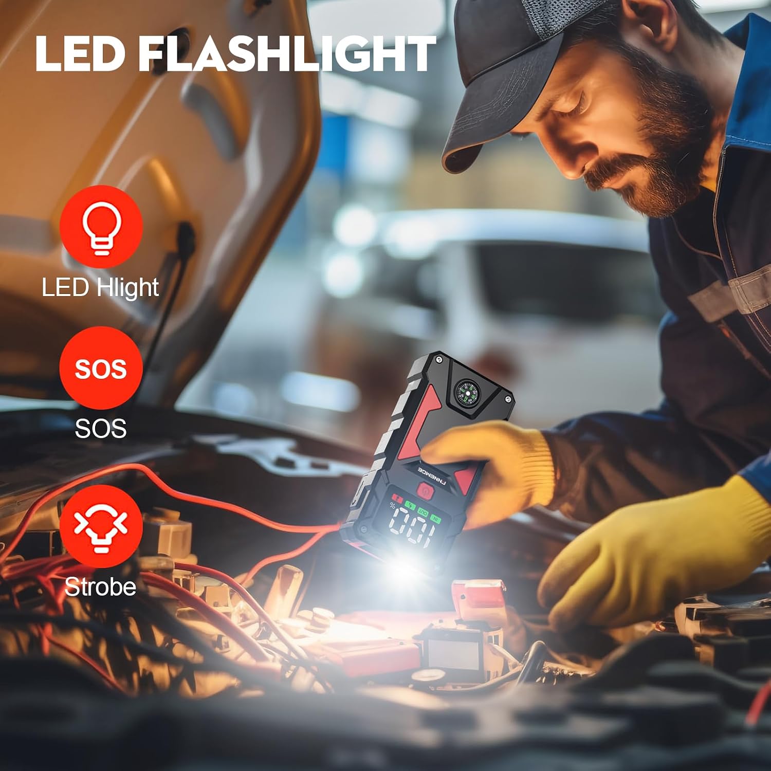 FNNEMGE Car Jump Starter, 6000A Peak 12V Jump Starter Battery Pack(Up to All Gas, 10.0L Diesel Engine),with USB Charge Output Port,LED Light,HD Large Screen,12V EC-5 Output. - الصورة 5