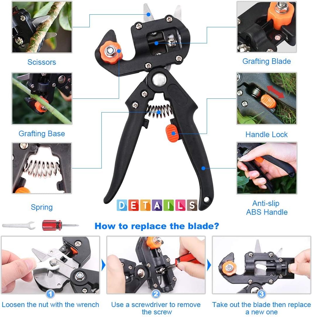 eWINNER Garden Grafting Tool,Pruner Kit With with 3 Replaceable Blades Grafting Tapes and Rubber Bands, for Nursery Plant Branch Vine Fruit Tree Cutting Tool Kits - الصورة 6