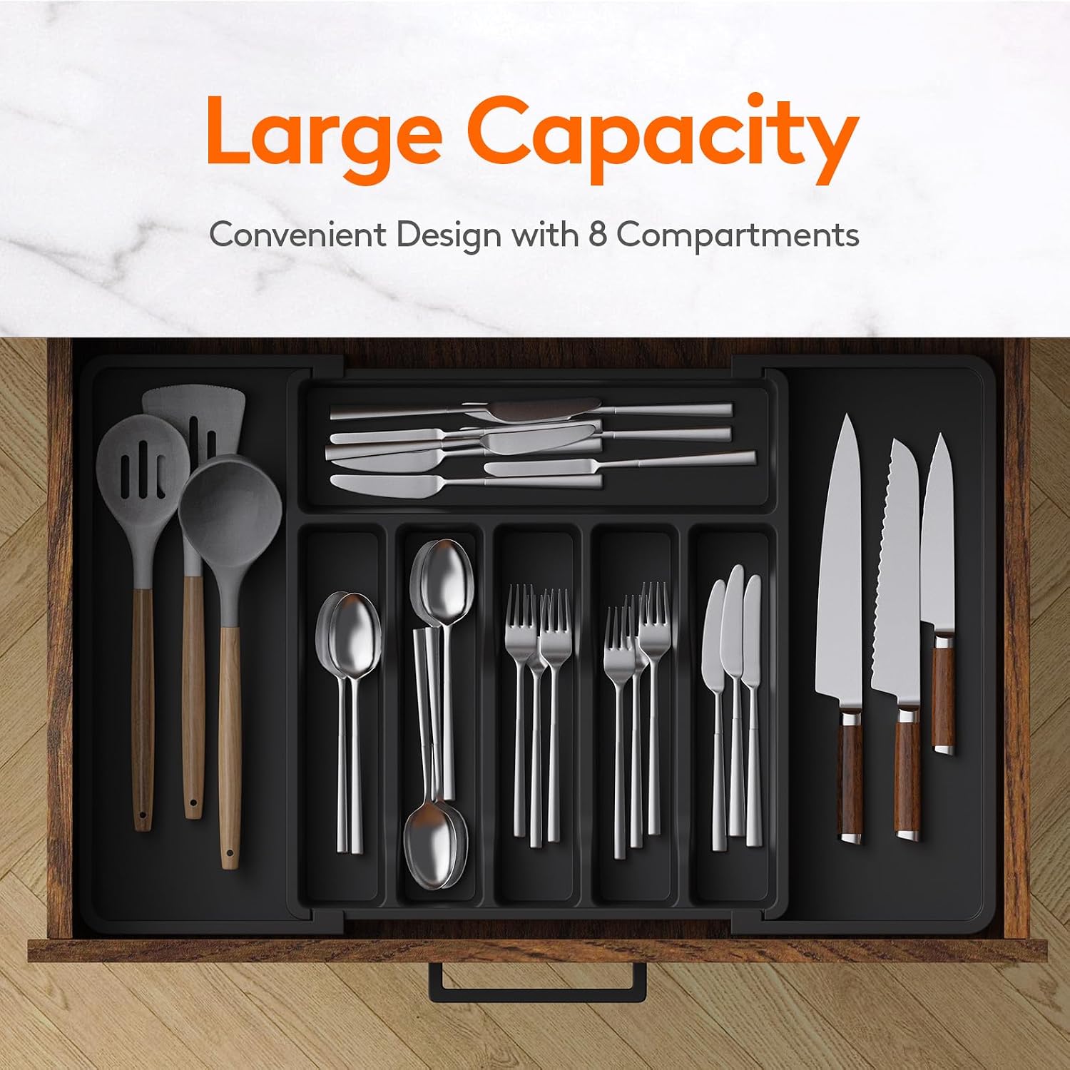 Lifewit Cutlery Drawer Organiser, Large Expandable to 57cm Utensil Tray for Kitchen, Adjustable Silverware and Flatware Holder, Compact Plastic Storage for Spoons Forks Knives, Black - الصورة 2