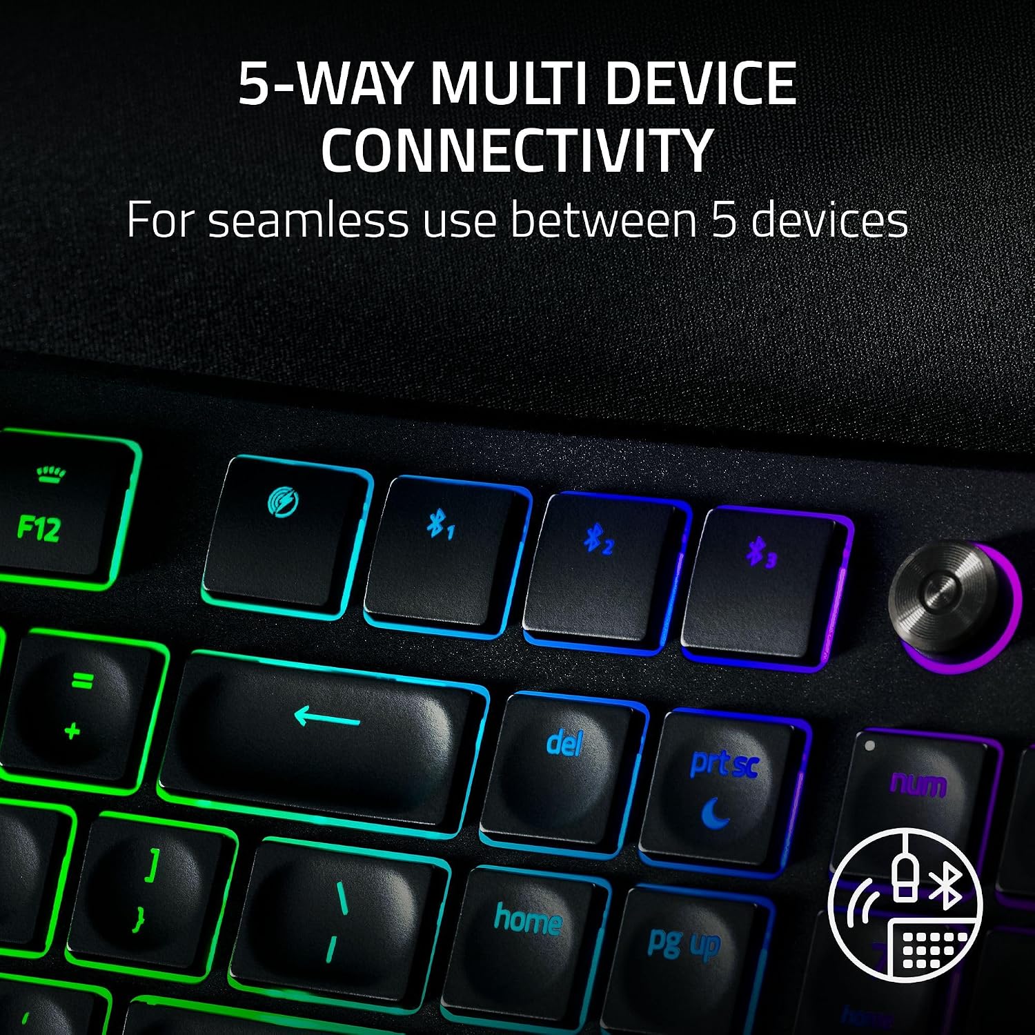 Razer Pro Type Ergo Wireless Split Ergonomic Keyboard, Bluetooth & 2.4GHz, RGB Backlit, Plush Wrist Rest, Command Dial, Multi-Device Productivity Keyboard – Black - الصورة 7