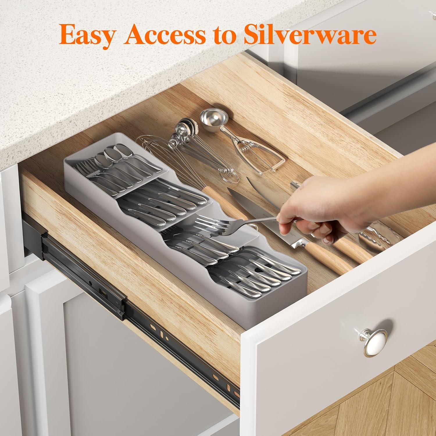 Lifewit Small Flatware Drawer Organizer, Compact Narrow Silverware Tray for Kitchen Drawers, Plastic Cutlery Holder for Spoons, Forks, Knives – Fits Small & Slim Kitchen Drawers, Gray - الصورة 9