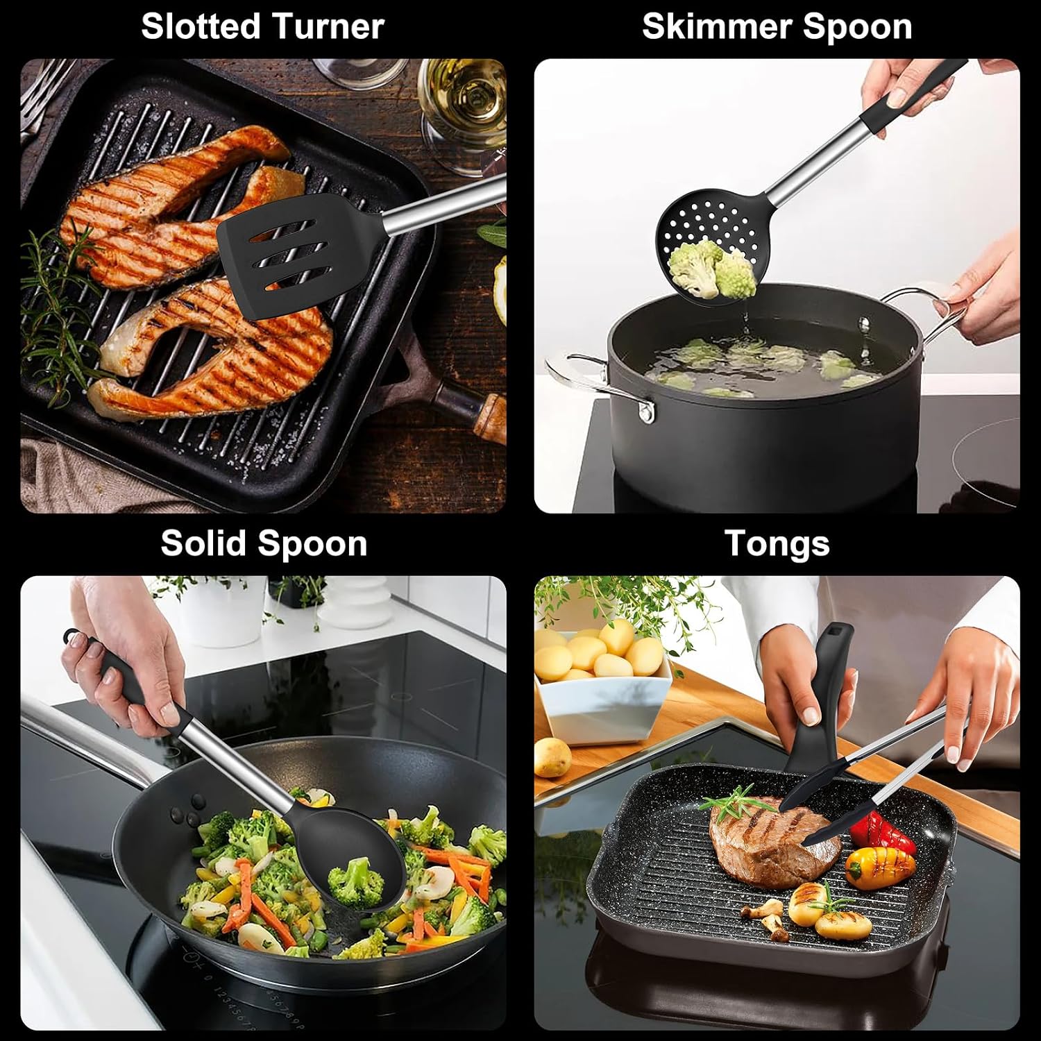 E-far Silicone Kitchen Utensil Set, 7 Piece Heat-Resistant Kitchen Utensil Set with Stainless Steel Handle, Slotted Spatula, Spoon, Soup Ladle, Pasta Server, - الصورة 4