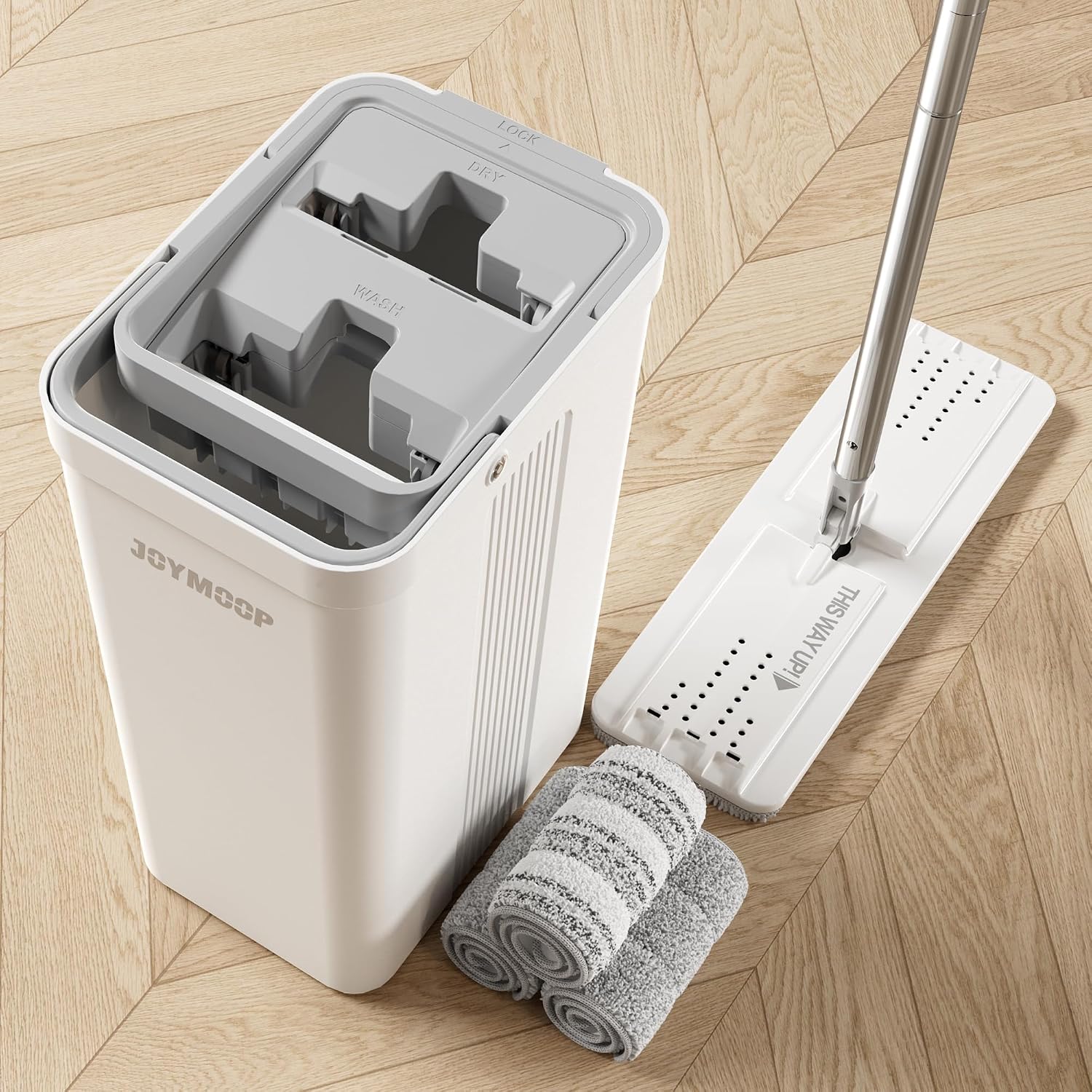 JOYMOOP Mop and Bucket with Wringer Set for Home, Flat Mop and Bucket System, Mops for Floor Cleaning and Wall Cleaner, with 3 Reusable Microfiber Mops Pads