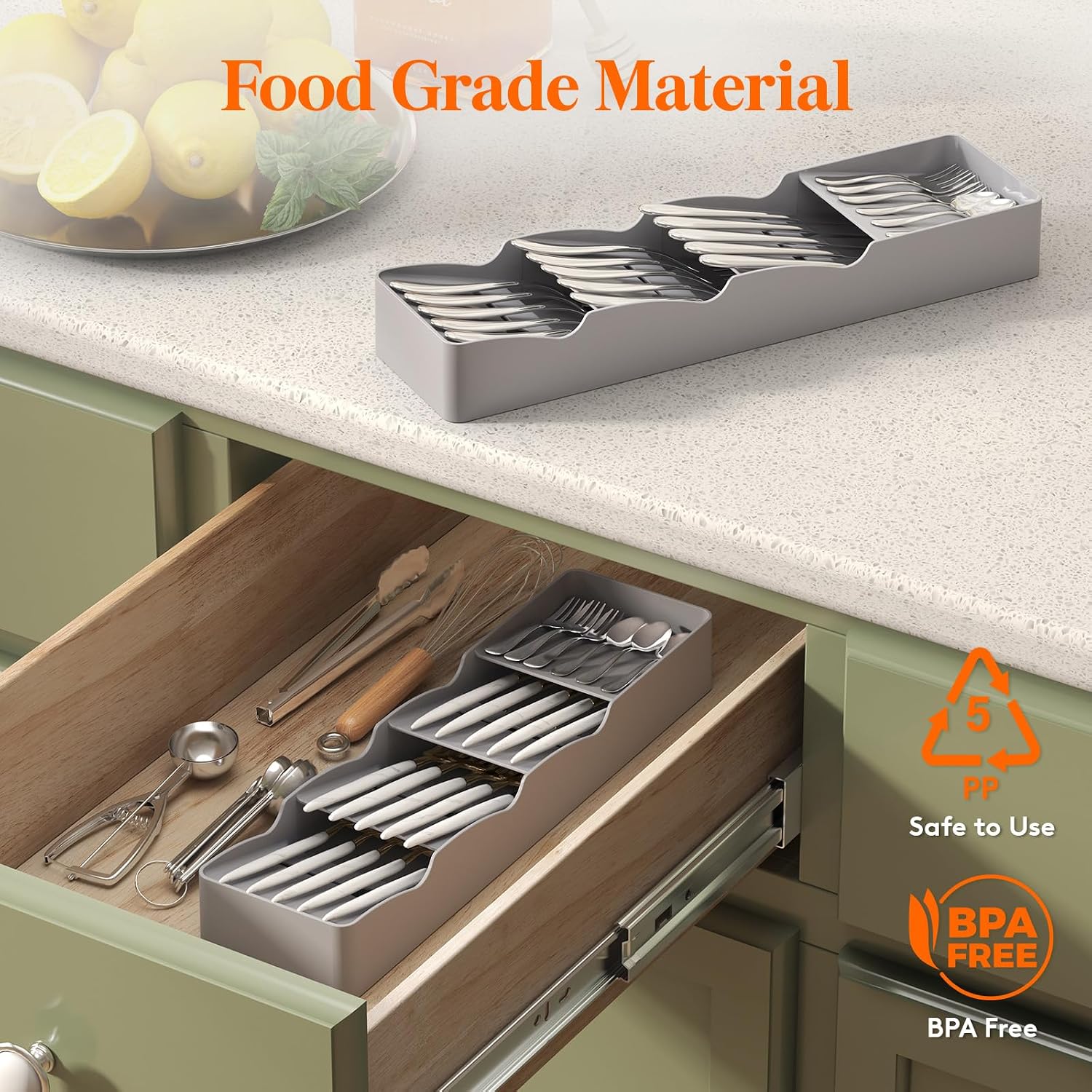 Lifewit Small Flatware Drawer Organizer, Compact Narrow Silverware Tray for Kitchen Drawers, Plastic Cutlery Holder for Spoons, Forks, Knives – Fits Small & Slim Kitchen Drawers, Gray - الصورة 8