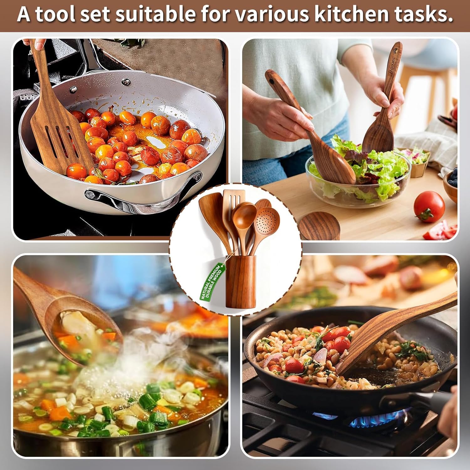 Wooden Spoons For Cooking 6 Piece Organic Bamboo Utensil Set With Holder Wood Kitchen Utensils Spatula Spoon For High Heat Stirring In Nonstick Pots & Pans Quality (Dark Brown) - الصورة 7