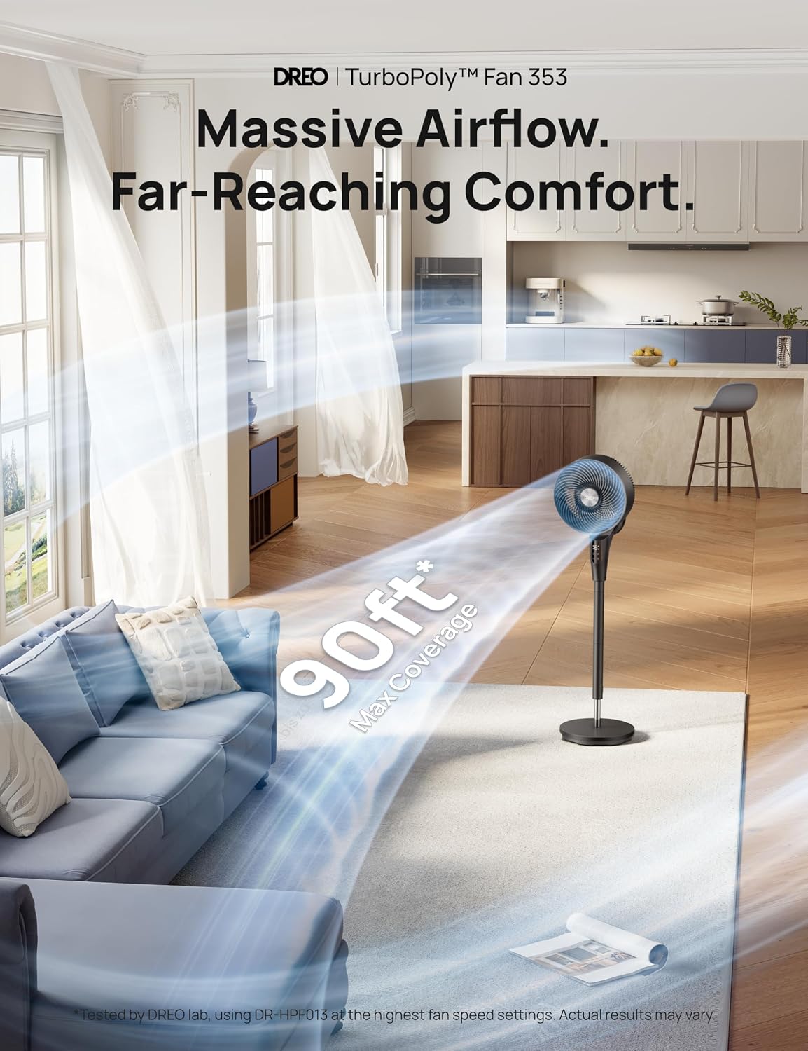 DREO Pedestal Fan for Bedroom 2026 Upgrade – 90ft Airflow, 20dB Ultra-Quiet, 90° Oscillating, Energy-Saving DC Motor, 8+ Speeds & 3 Modes, Adjustable Height 38-42'', 8-Hour Timer, 105° Manual Tilt - الصورة 8