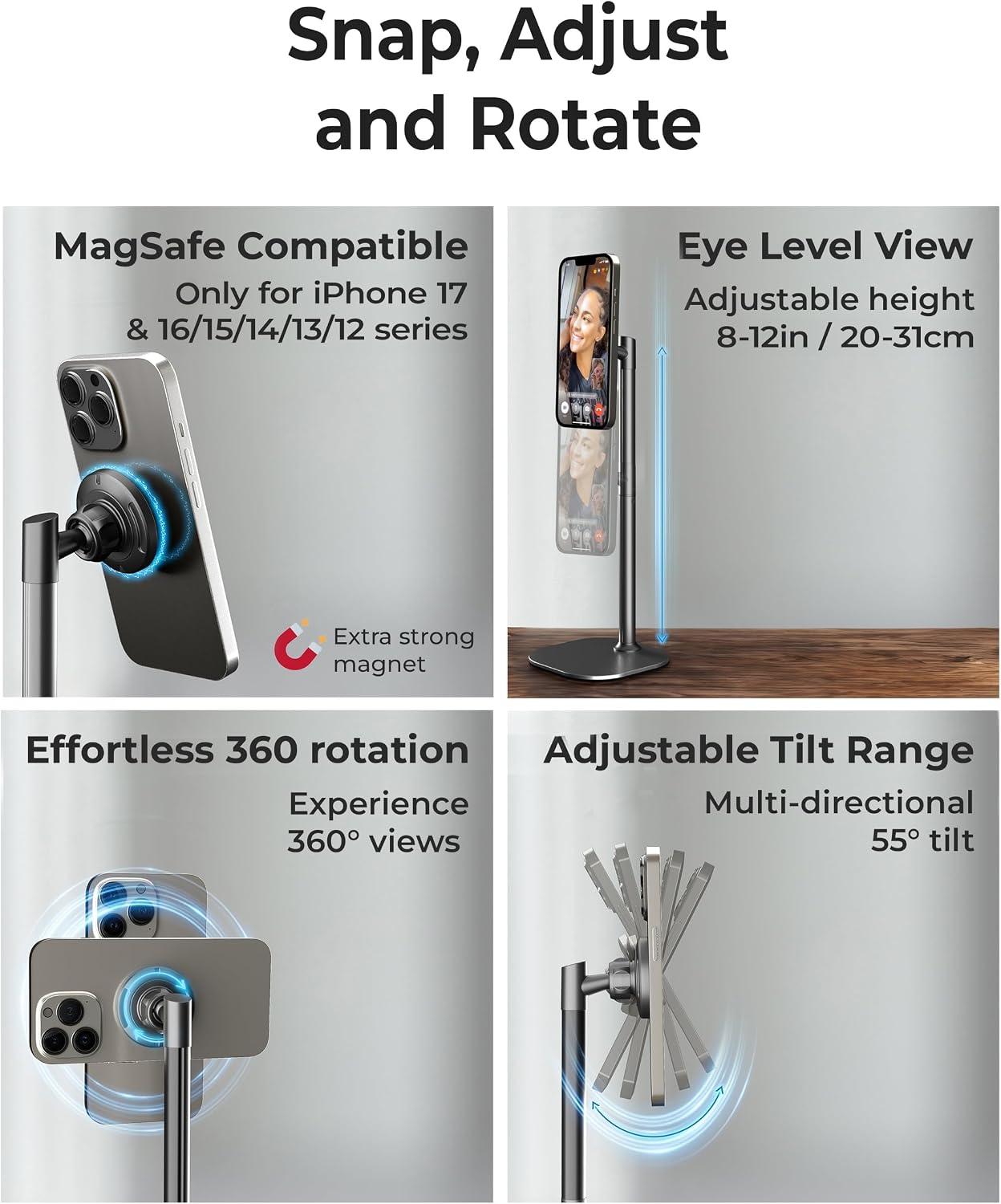 Cooper MagStand - Adjustable Magnetic iPhone Stand for Desk & Phone Holder for Video Recording, Compatible with MagSafe, Stand for iPhone 17 Pro Max, 16-12, Small Mag Safe Tripod (Night Black) - الصورة 3