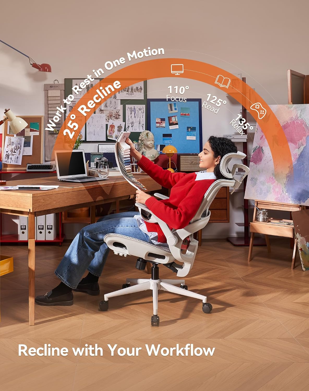 SIHOO B100 Office Chair, Comfy Ergonomic Office Chair, High Back Computer Chair with Adaptive Lumbar Support & Wide Headrest, Flip-up Armrests, Swivel Desk Chair for Long Hours,White - الصورة 6