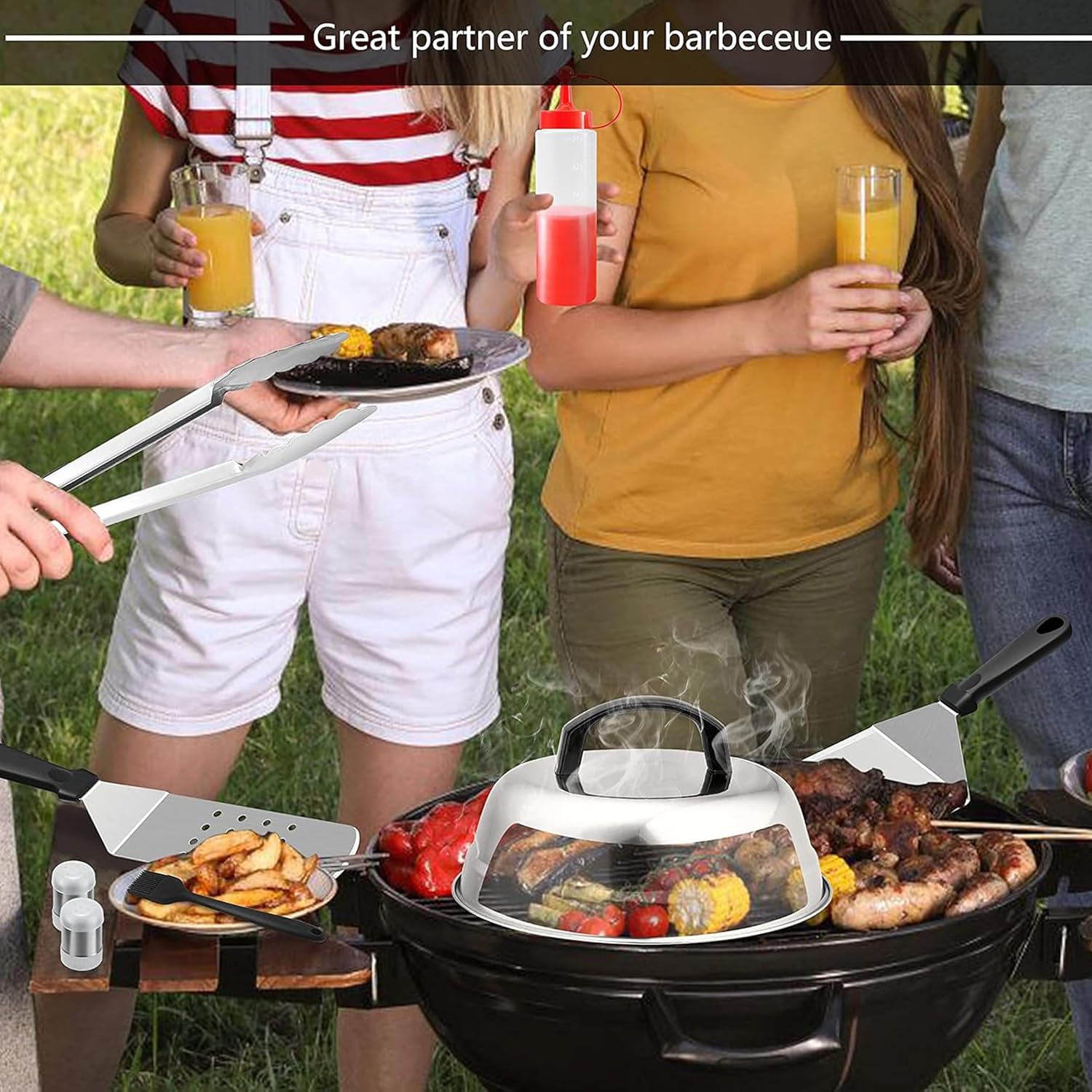 E-far Griddle Accessories Kit of 27, Teppanyaki Tools for Flat Top Cooking Grilling Camping, Stainless Steel Melting Dome, Metal spatulas, Bacon Press for Outdoor BBQ, Heavy Duty & Dishwasher Safe - الصورة 8