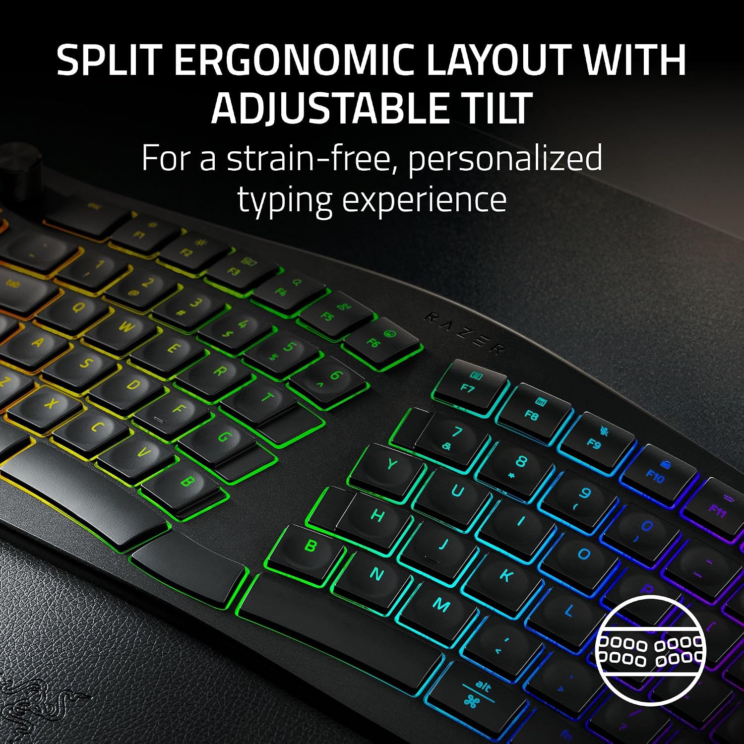 Razer Pro Type Ergo Wireless Split Ergonomic Keyboard, Bluetooth & 2.4GHz, RGB Backlit, Plush Wrist Rest, Command Dial, Multi-Device Productivity Keyboard – Black - الصورة 2