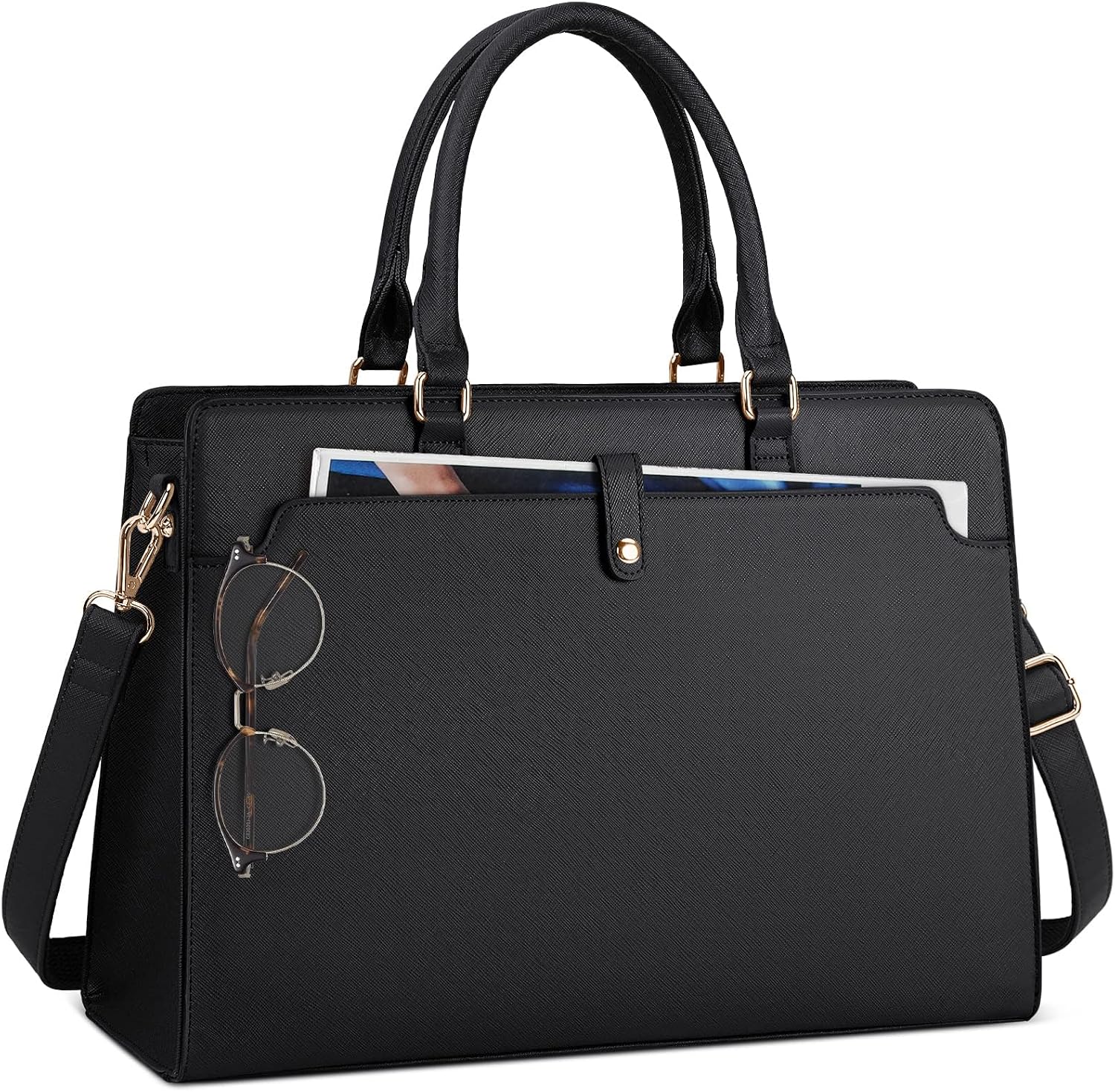 Laptop Bag for Women, 15.6 Inch Leather Office Work Bag with Mezzanine, Waterproof Large Capacity Briefcase, Dual Purpose Handbag Shoulder Bag for Business, Travel, Casual, Black