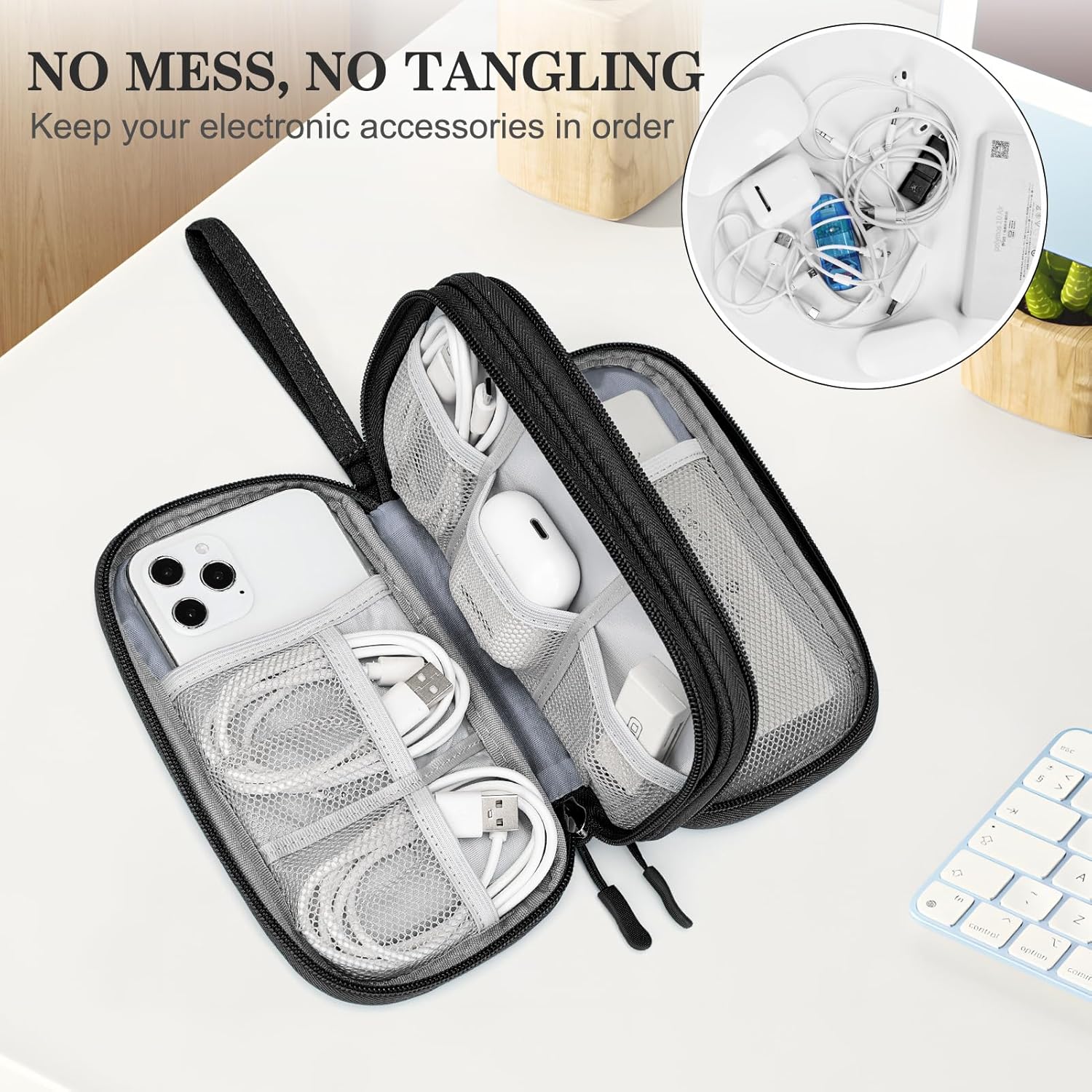 FYY Electronic Organizer, Travel Cable Organizer Bag Pouch Electronic Accessories Carry Case Portable Waterproof Double Layers All-in-One Storage Bag for Cable, Cord, Charger, Phone, Earphone Black - الصورة 5