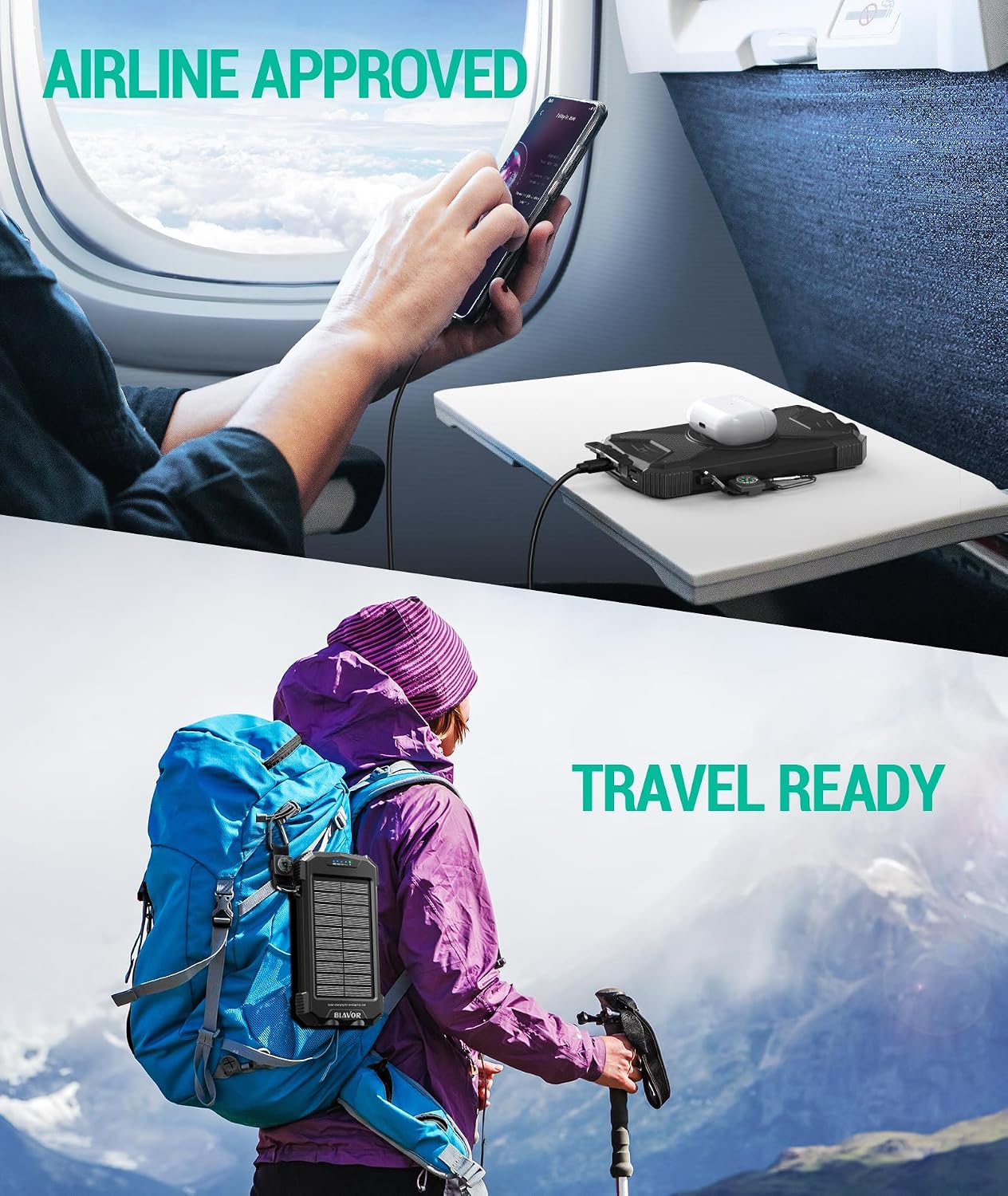 BLAVOR Solar Charger Power Bank 10,000mAh, Portable Wireless Charger, 20W Fast Charging External Battery Pack with USB C for Cell Phones, Solar Panel Charger with Dual Flashlight for Camping - الصورة 8