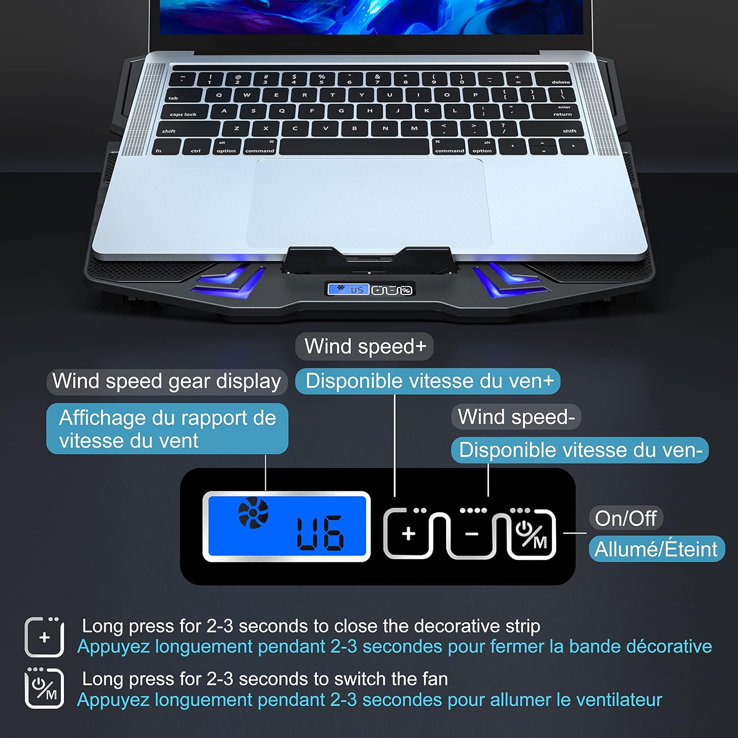 TopMate C5 Laptop Cooling Pad Gaming Notebook Cooler, Laptop Fan Cooling Stand Adjustable Height with 5 Quiet Fans Blue LED Light, Computer Chill Mat with LCD Controller, for 10-15.6 Inch Laptops - الصورة 5
